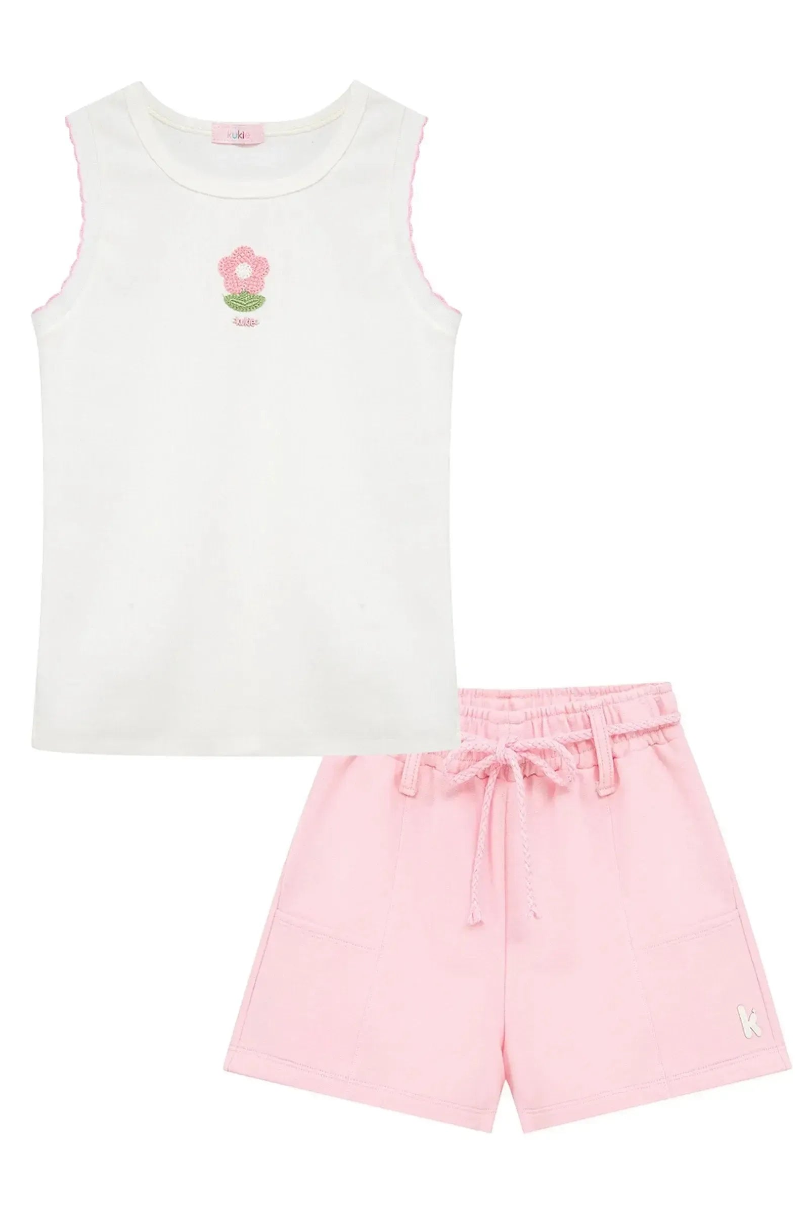 Conjunto de Regata em Canelado Liz e Shorts em Moletom sem Pelúcia 95086 Kukiê Infantil Menina