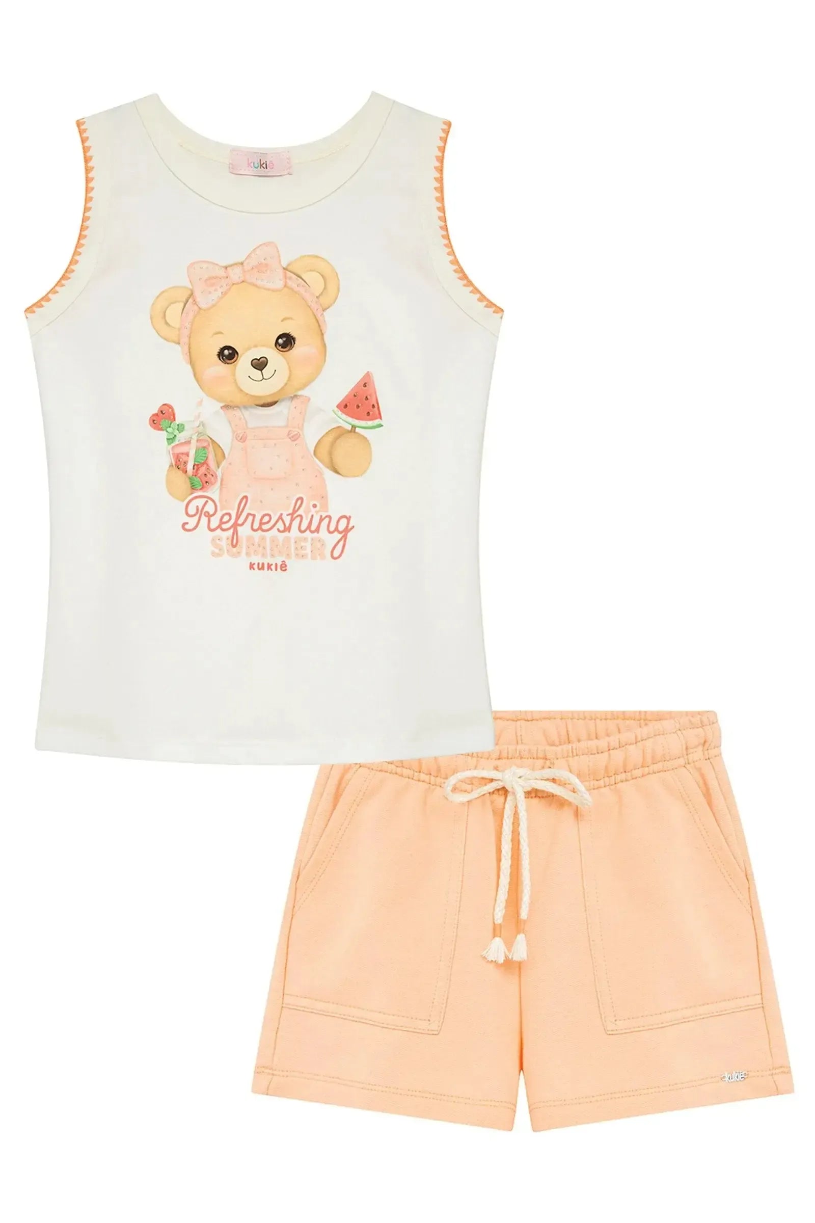 Conjunto de Regata em Cotton e Shorts em Moletom sem Pelúcia 96432 Kukiê Infantil Menina