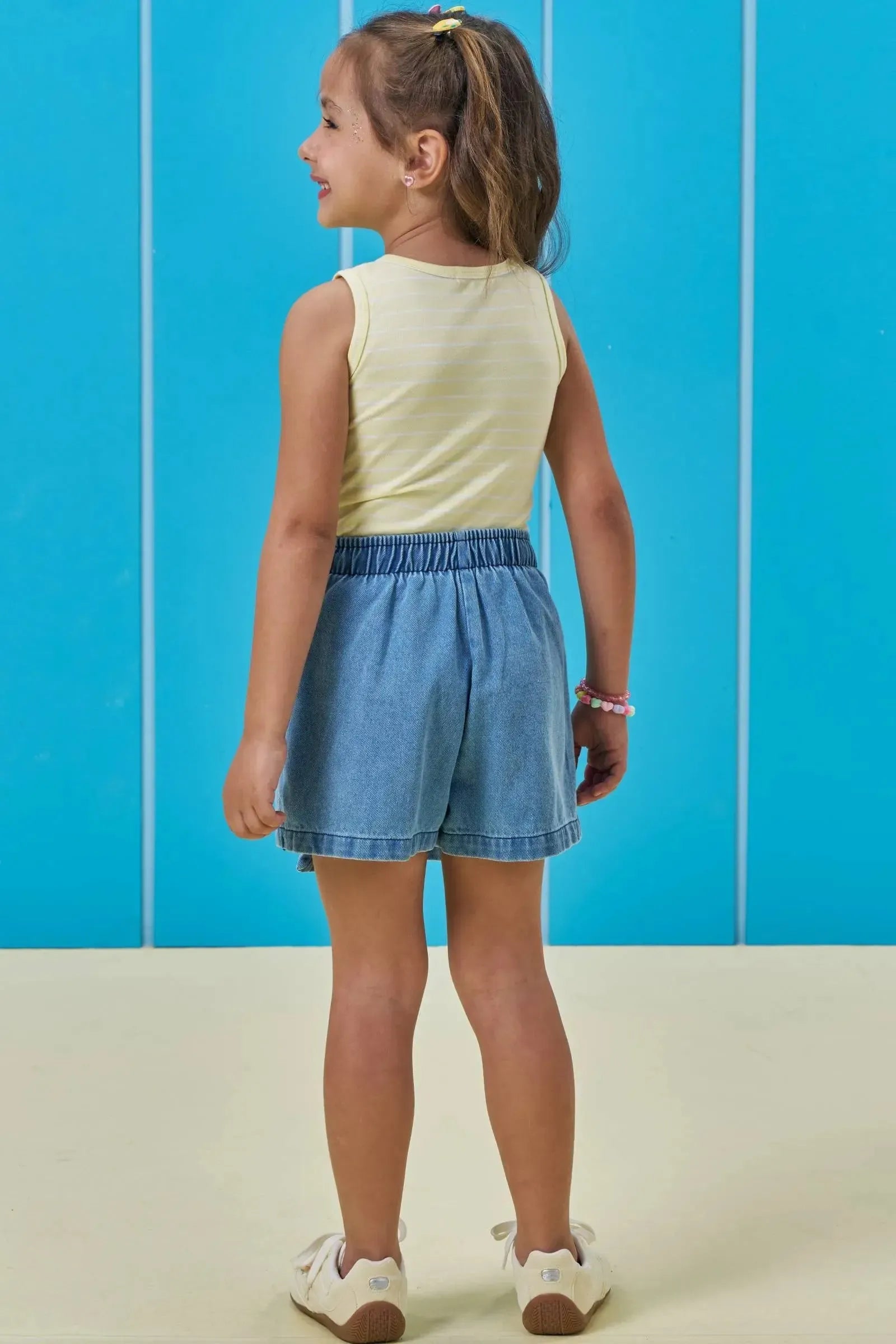 Conjunto de Regata em Cotton Fio Tinto e Short Saia em Jeans 95346 Kukiê Infantil Menina