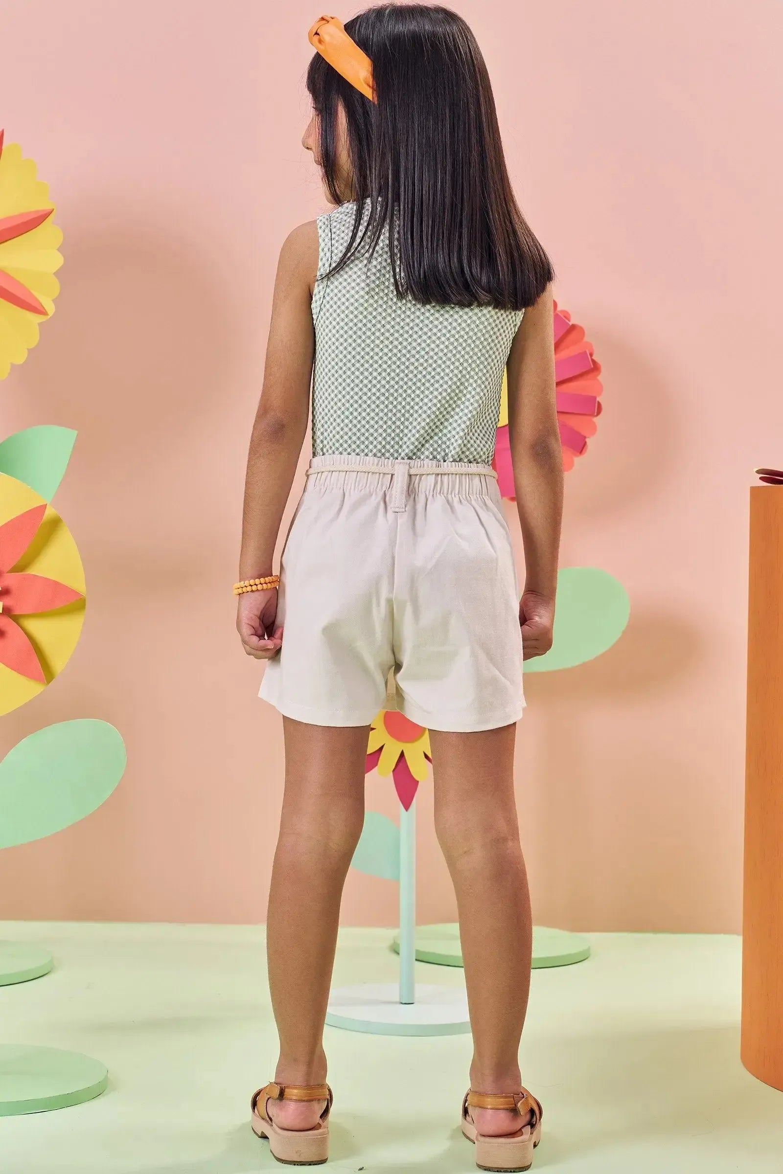 Conjunto de Regata em Malha Vichy Textura e Short Saia em Sarja com Elastano 85087 Kukiê Infantil Menina