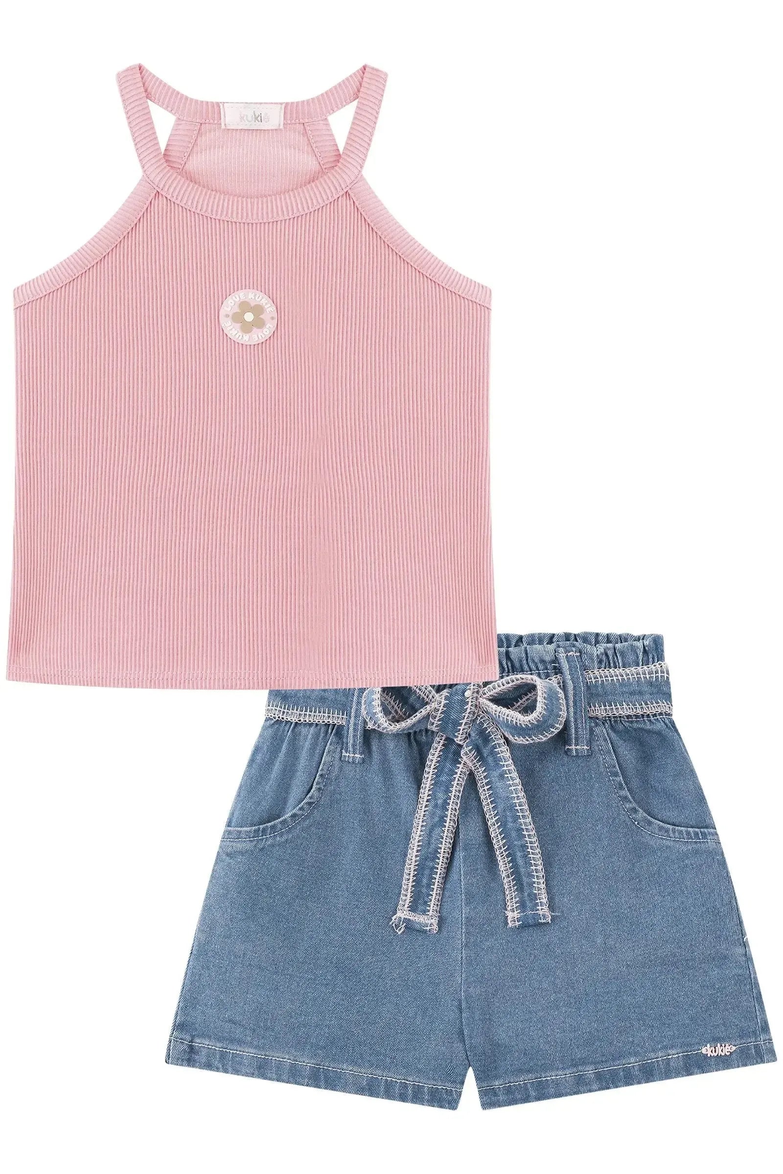 Conjunto de Regata em Soft Line e Shorts em Jeans com Elastano 93693 Kukiê Infantil Menina