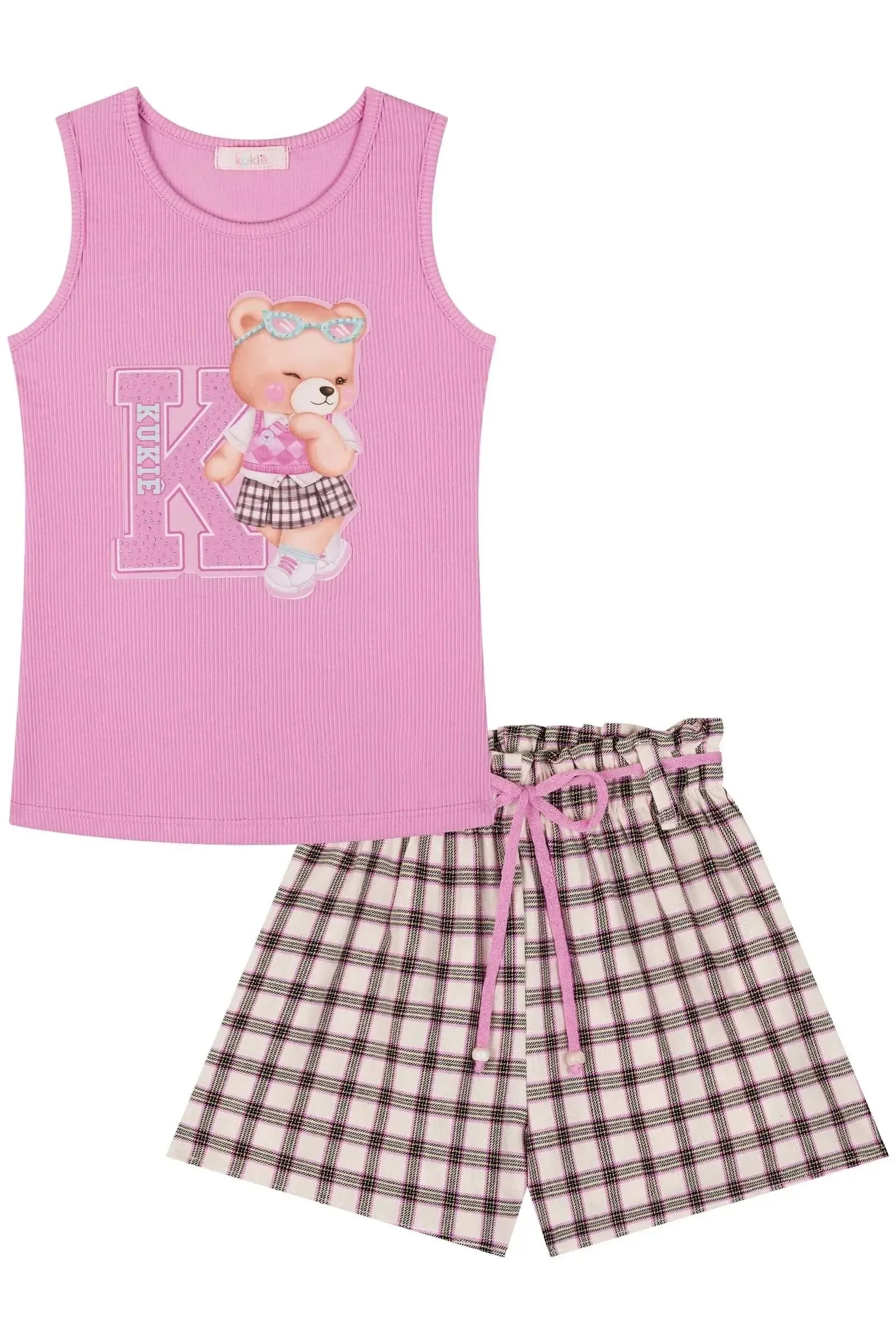 Conjunto de Regata em Soft Line e Shorts em Tecido Xadrez 100% Algodão. 85975 Kukiê Infantil Menina