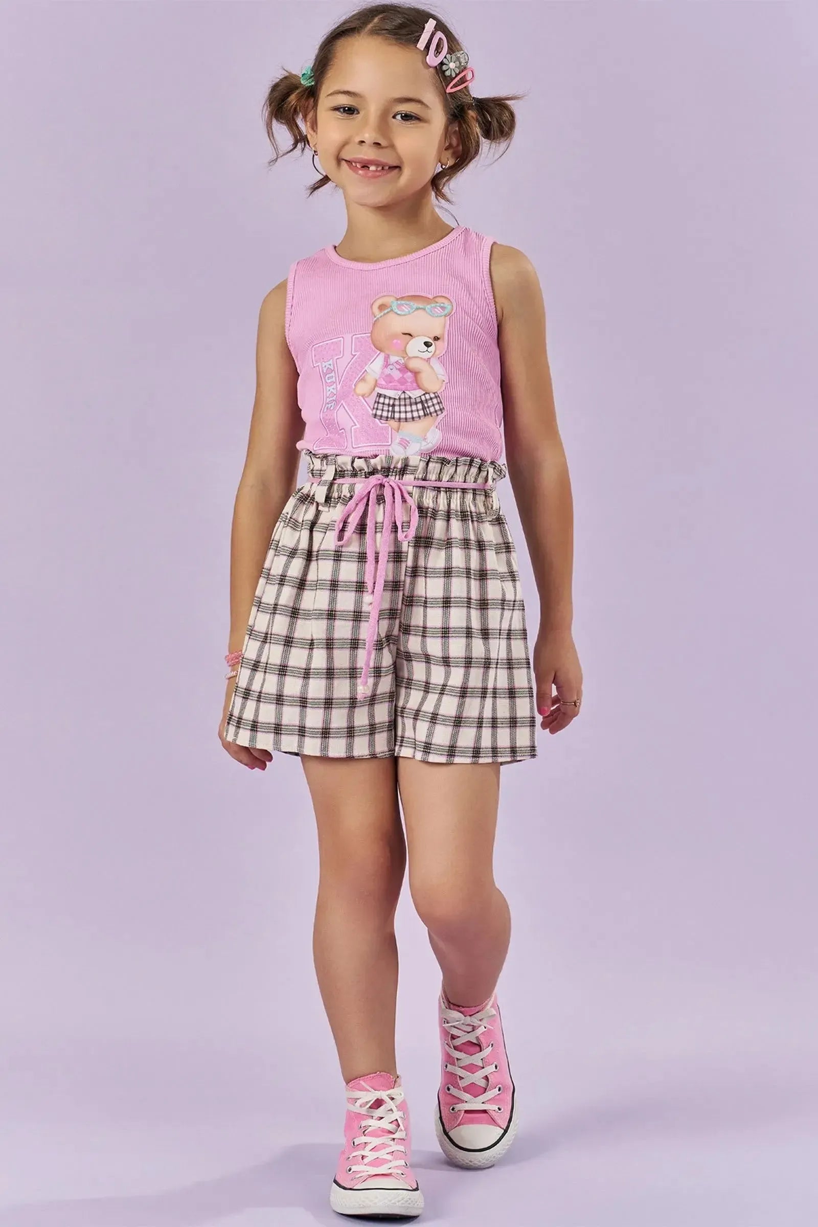 Conjunto de Regata em Soft Line e Shorts em Tecido Xadrez 100% Algodão. 85975 Kukiê Infantil Menina