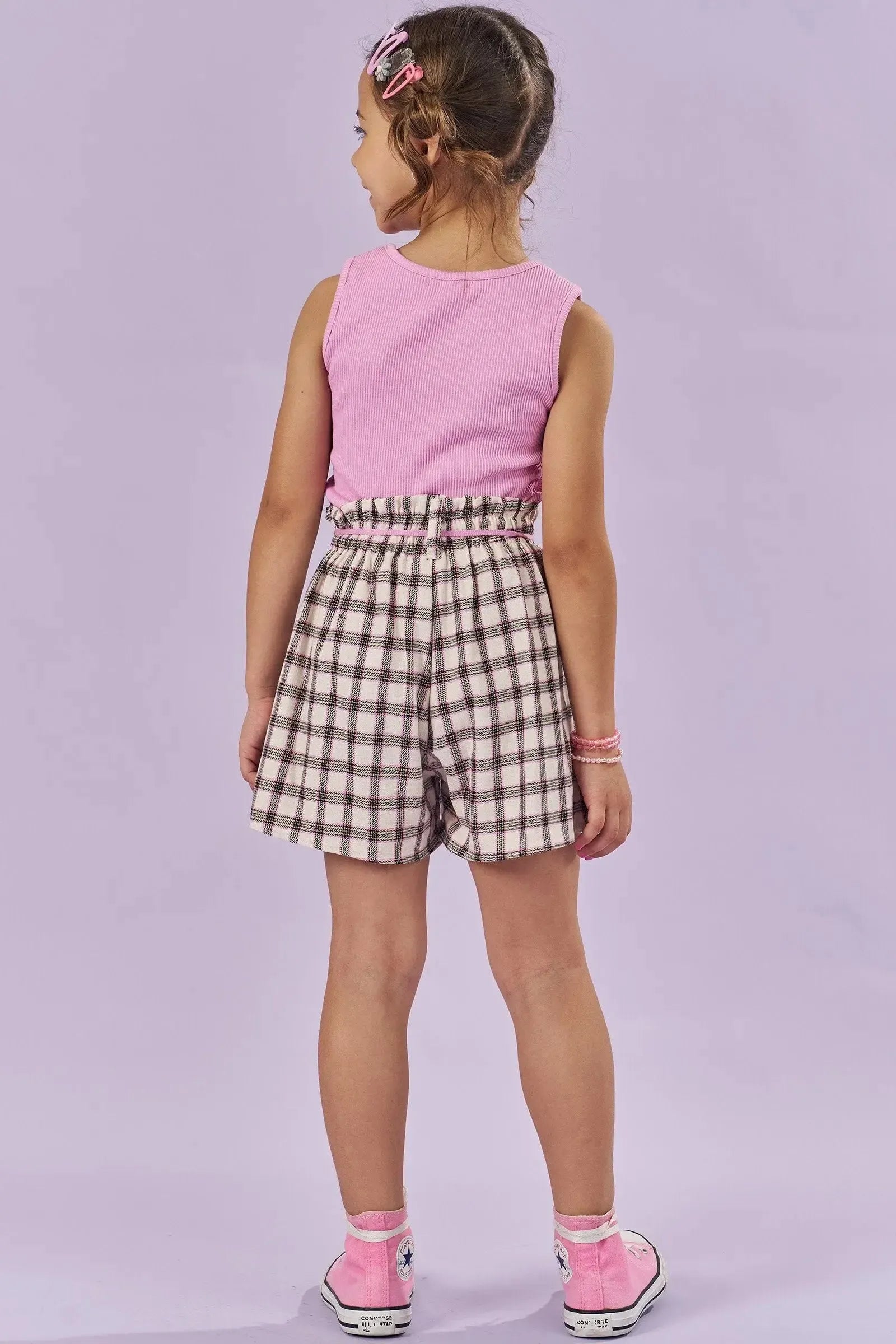 Conjunto de Regata em Soft Line e Shorts em Tecido Xadrez 100% Algodão. 85975 Kukiê Infantil Menina