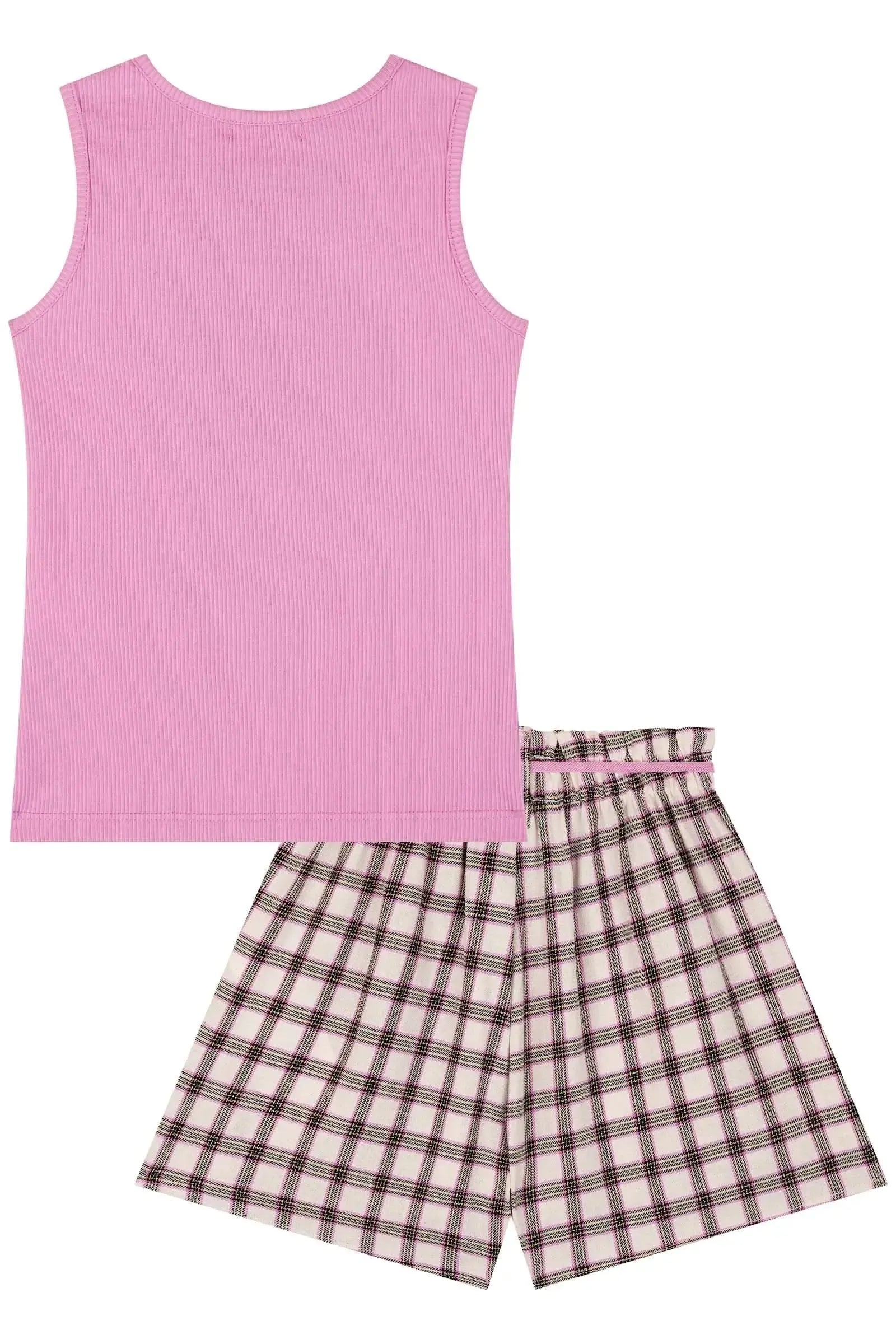 Conjunto de Regata em Soft Line e Shorts em Tecido Xadrez 100% Algodão. 85975 Kukiê Infantil Menina