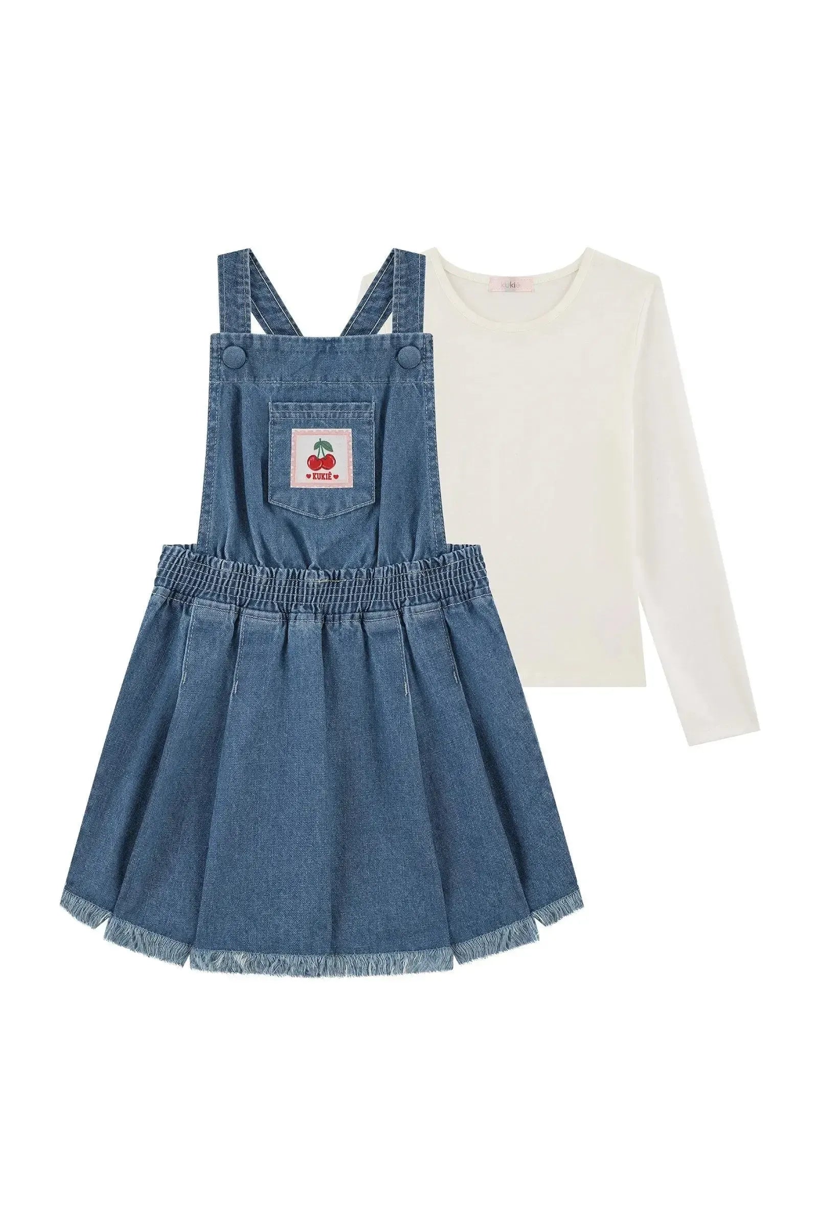 Conjunto de Salopete em Jeans e Blusa em Cotton 91722 Kukiê Infantil Menina