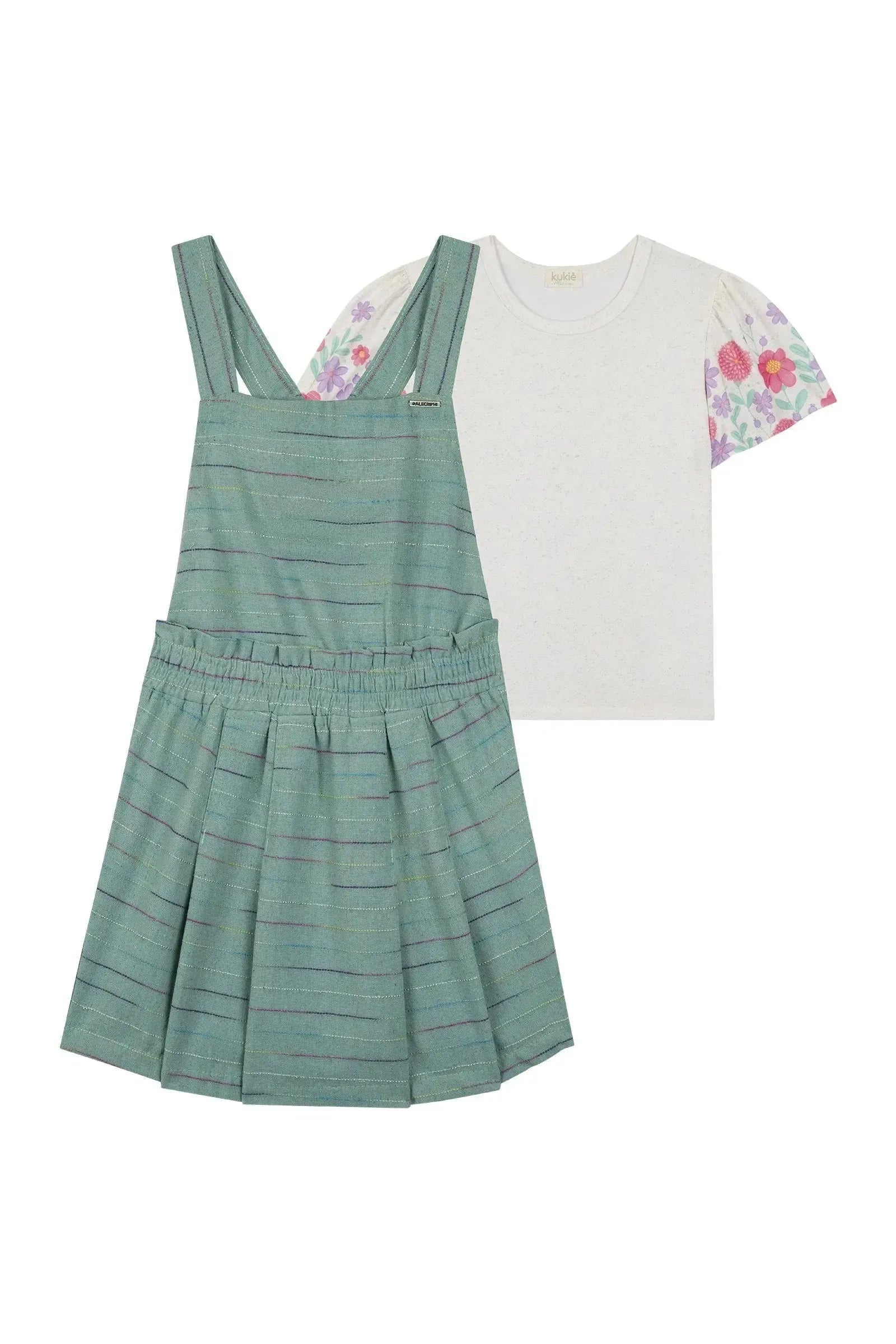 Conjunto de Salopete em Linho Rajado e Blusa em Malha Power Linho 88950 Kukiê Infantil Menina
