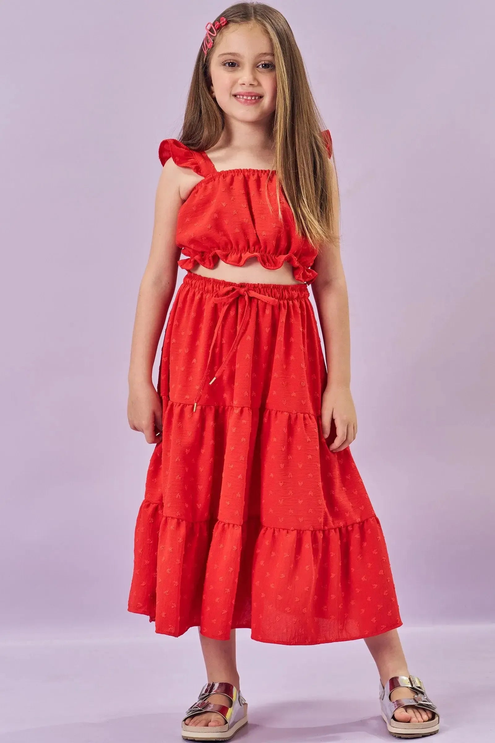 Conjunto de Top Cropped e Saia Midi em Crepe Textura Coração (com Shorts Embutido) 86013 Kukiê Infantil Menina