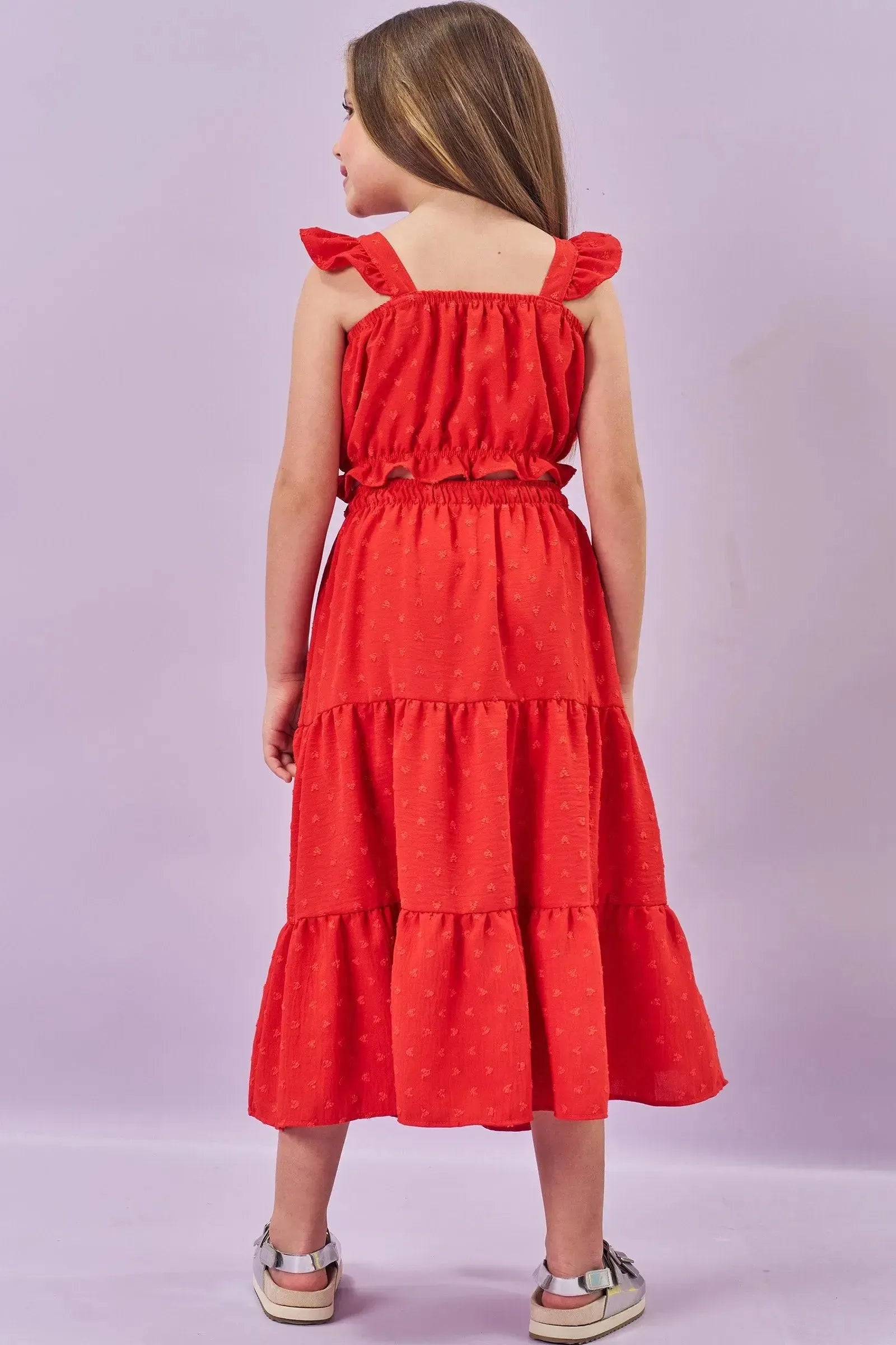 Conjunto de Top Cropped e Saia Midi em Crepe Textura Coração (com Shorts Embutido) 86013 Kukiê Infantil Menina