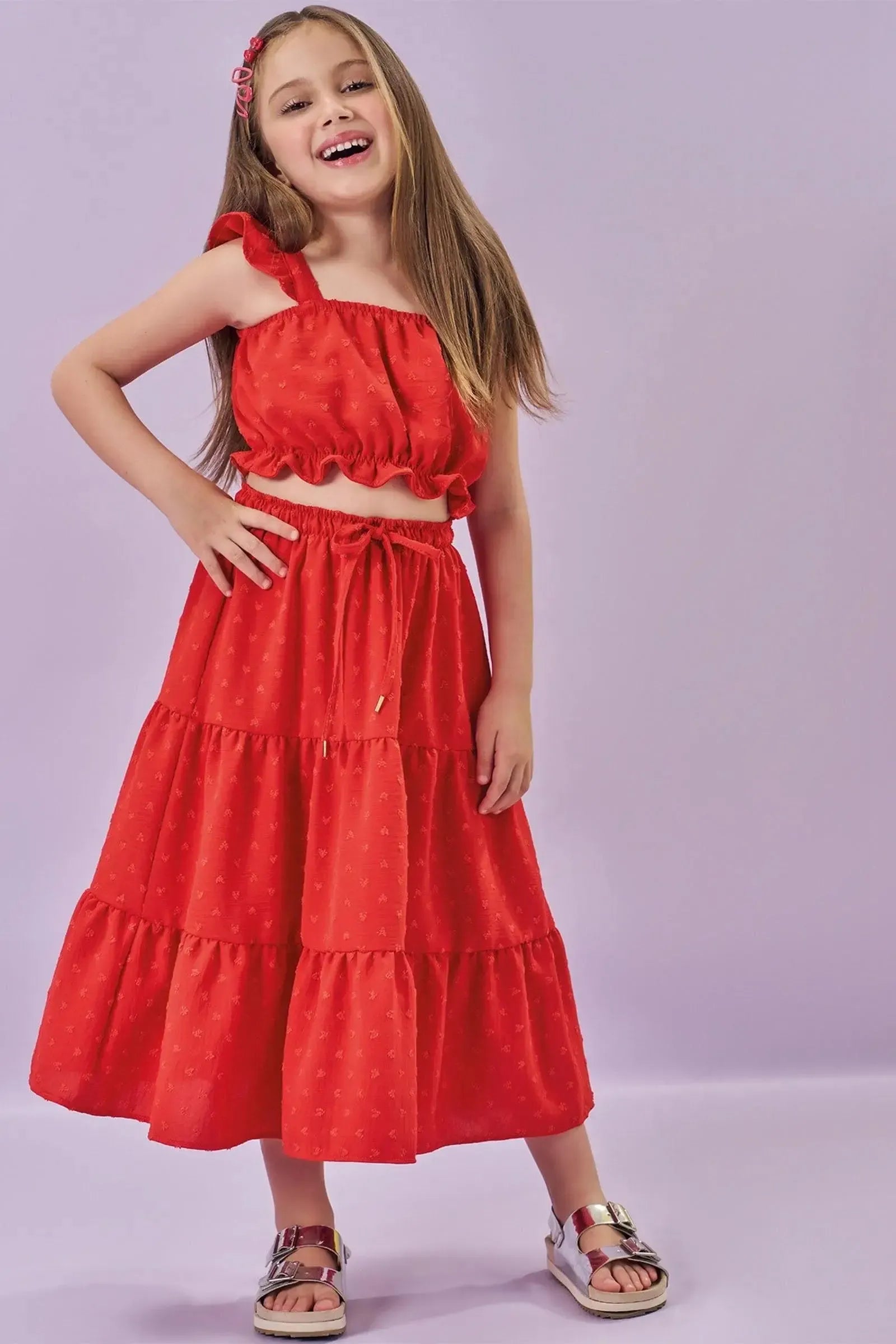 Conjunto de Top Cropped e Saia Midi em Crepe Textura Coração (com Shorts Embutido) 86013 Kukiê Infantil Menina