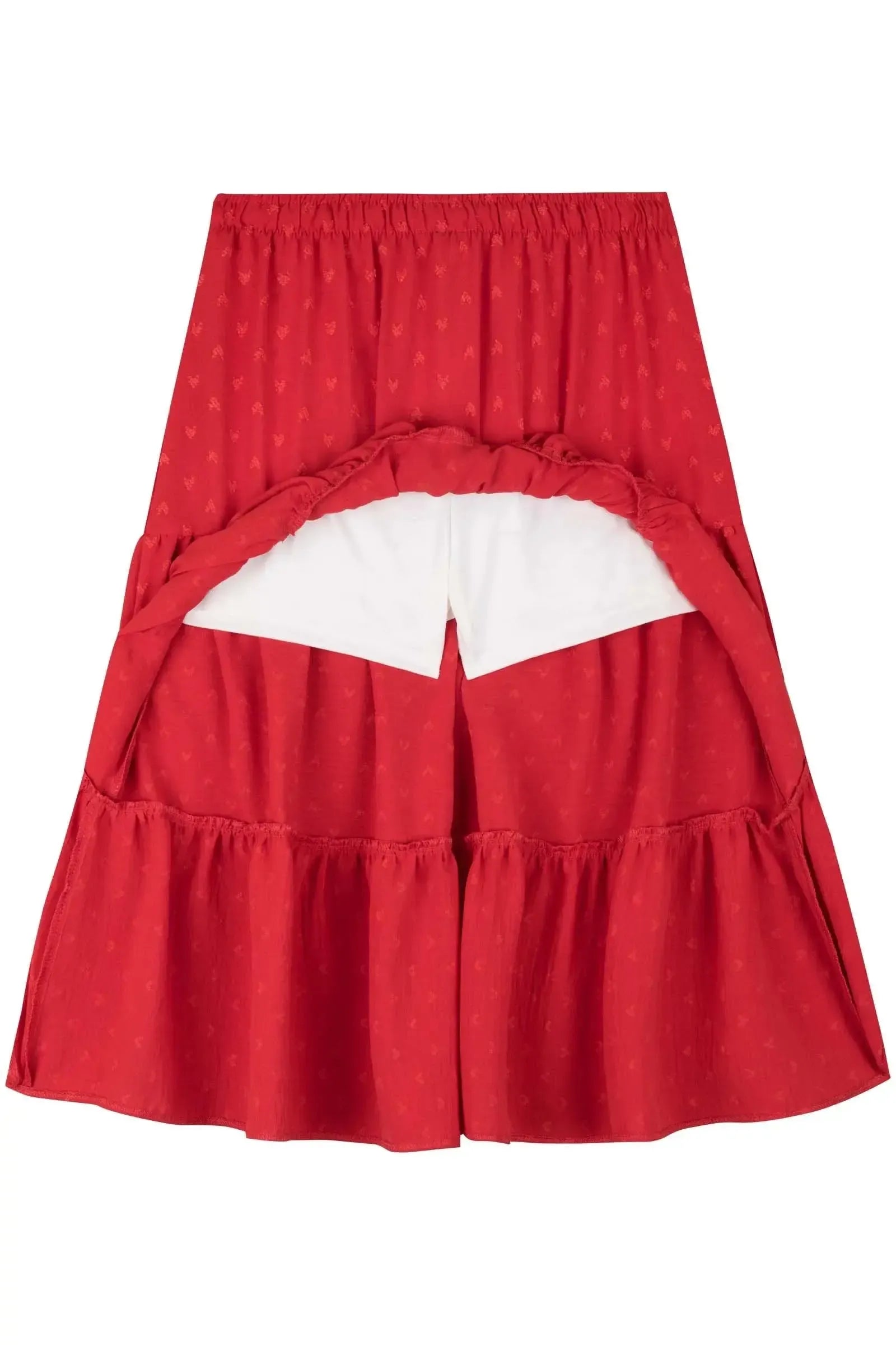 Conjunto de Top Cropped e Saia Midi em Crepe Textura Coração (com Shorts Embutido) 86013 Kukiê Infantil Menina