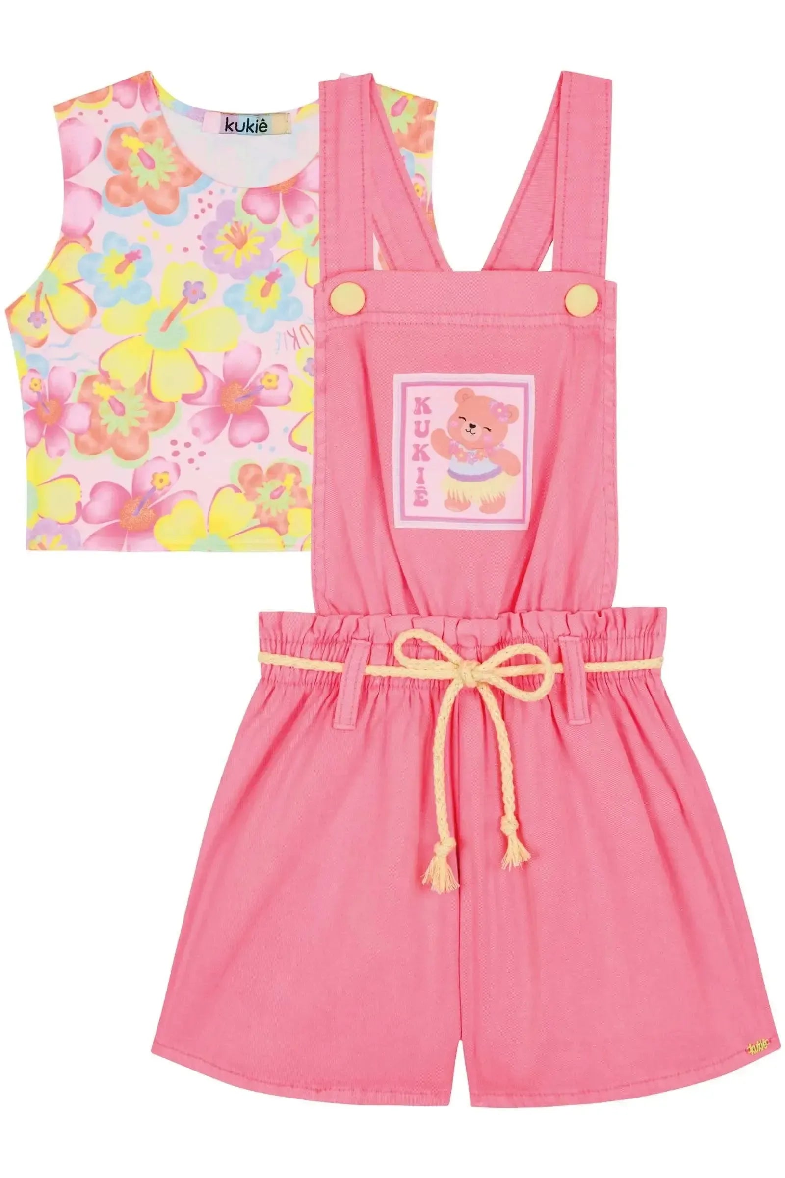 Conjunto de Top Cropped em Malha UV e Jardineira em Sarja com Elastano 84194 Kukiê Infantil Menina