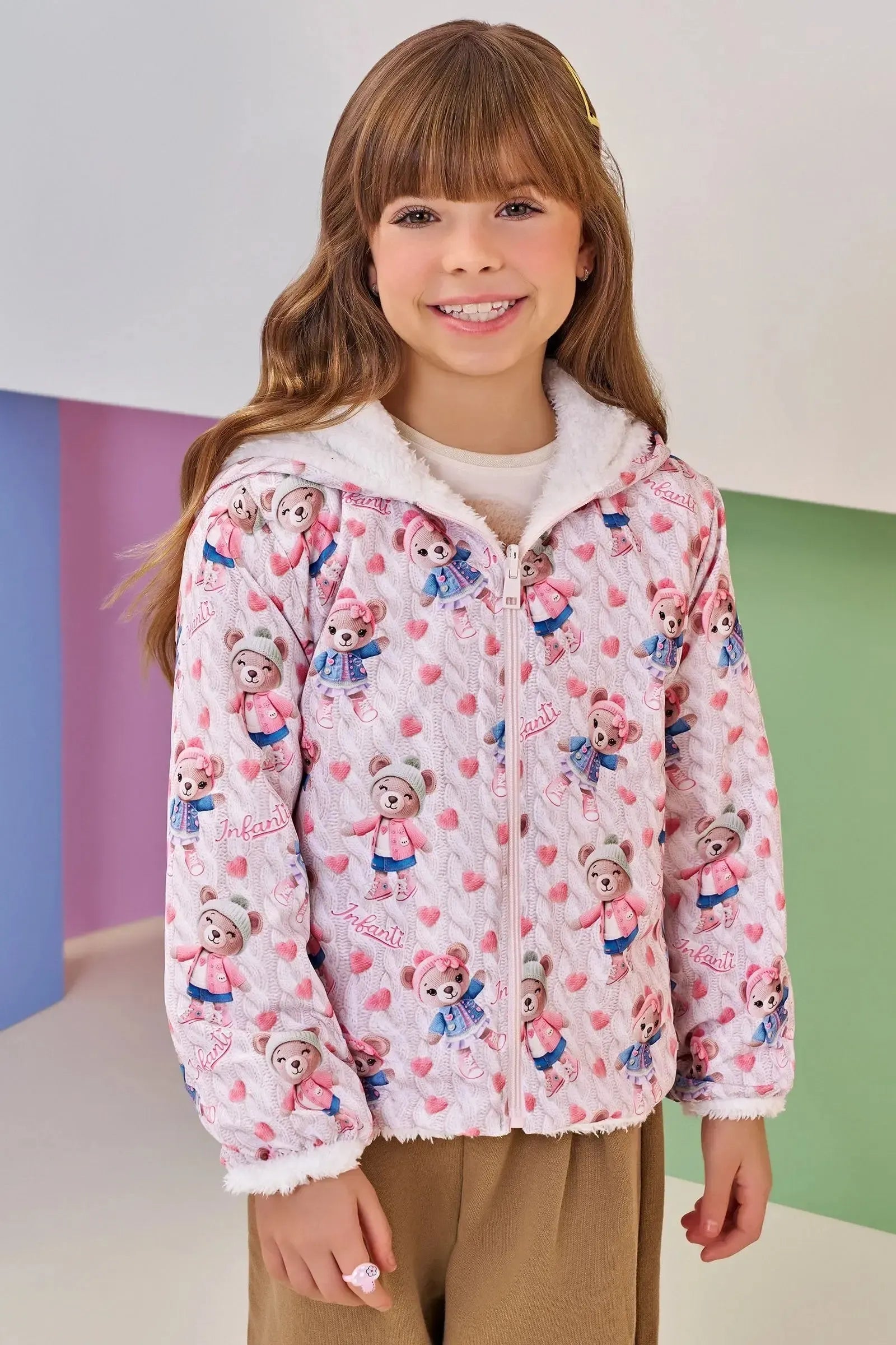 Jaqueta Reversível em Nylon e Pelo Carneirinho 89667 Infanti Infantil Menina