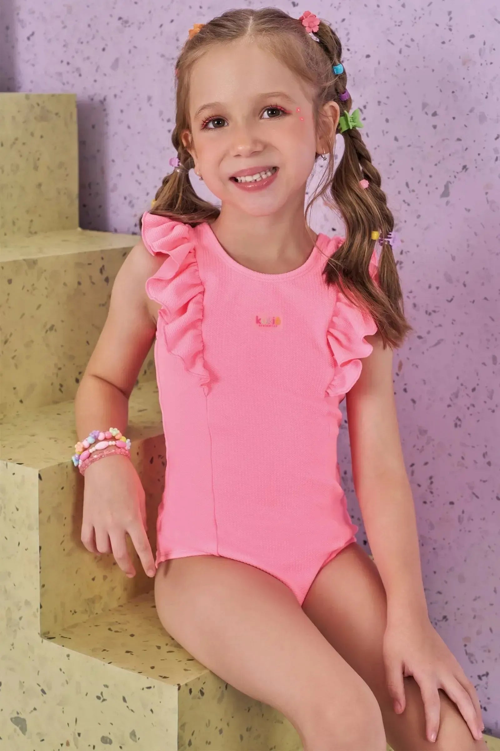 Maiô em Malha Jacquard Textura com Proteção UV50+ 88036 Kukiê Infantil Menina