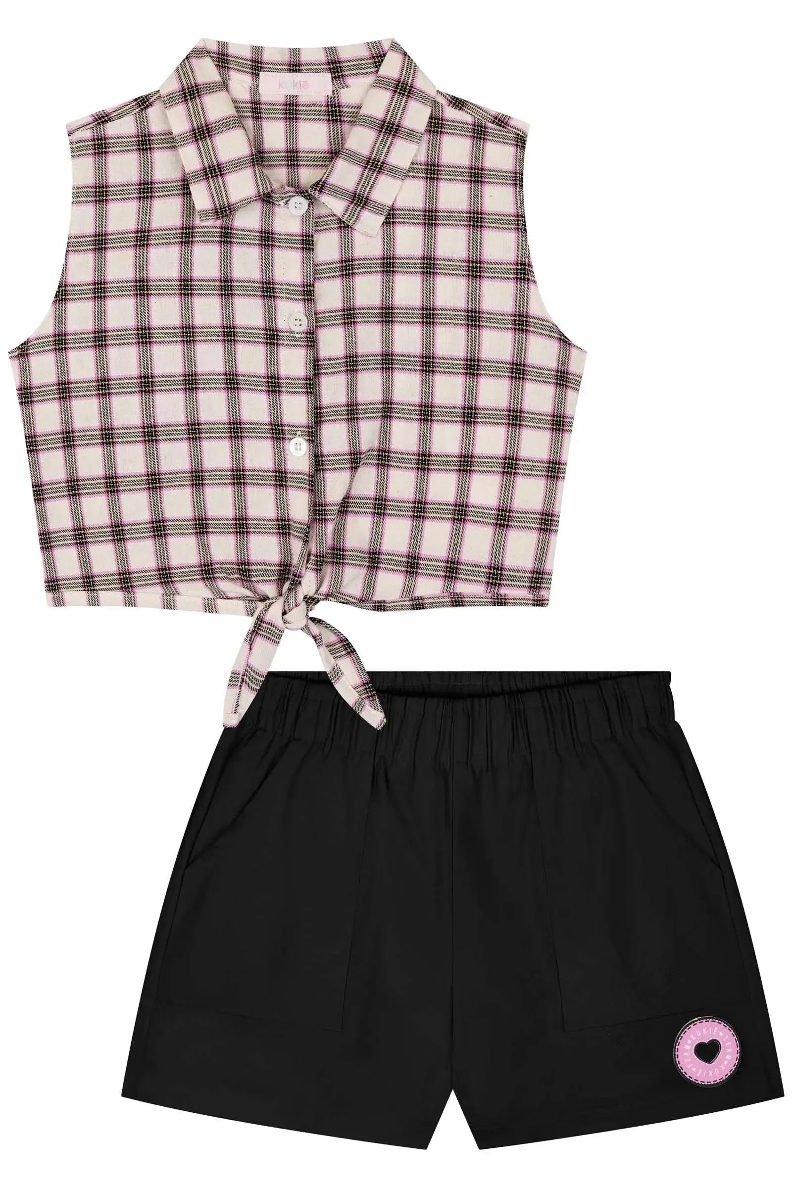 Onjunto de Camisa Boxy em Tecido Xadrez 100% Algodão e Shorts em Sarja com Elastano 85988 Kukiê Infantil Menina