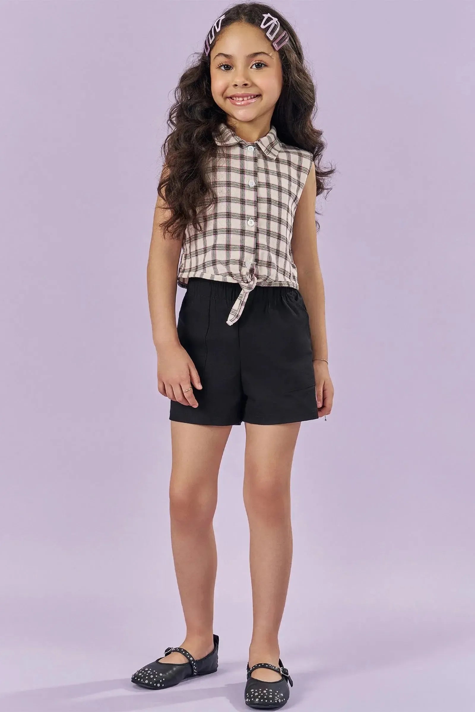 Onjunto de Camisa Boxy em Tecido Xadrez 100% Algodão e Shorts em Sarja com Elastano 85988 Kukiê Infantil Menina