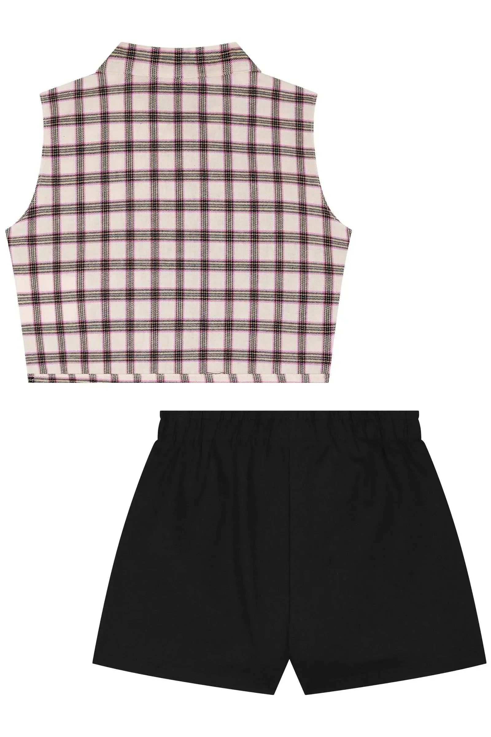 Onjunto de Camisa Boxy em Tecido Xadrez 100% Algodão e Shorts em Sarja com Elastano 85988 Kukiê Infantil Menina