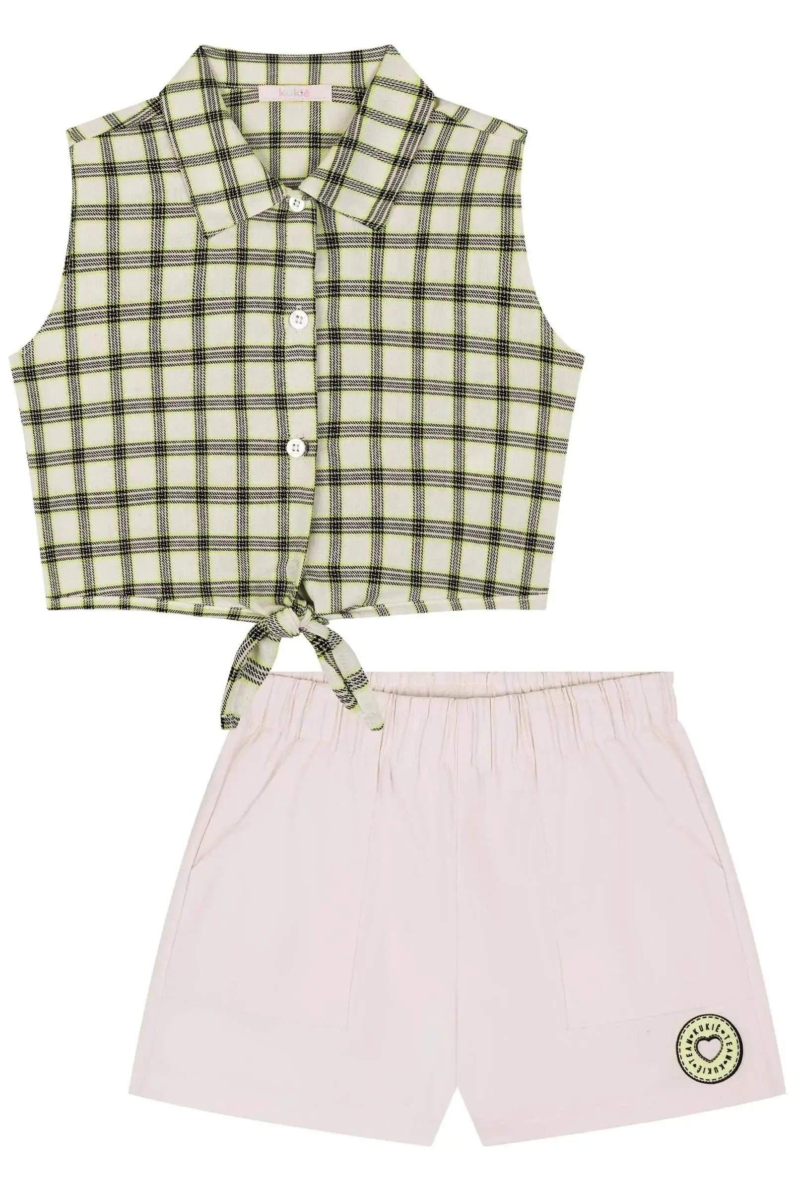 Onjunto de Camisa Boxy em Tecido Xadrez 100% Algodão e Shorts em Sarja com Elastano 85988 Kukiê Infantil Menina