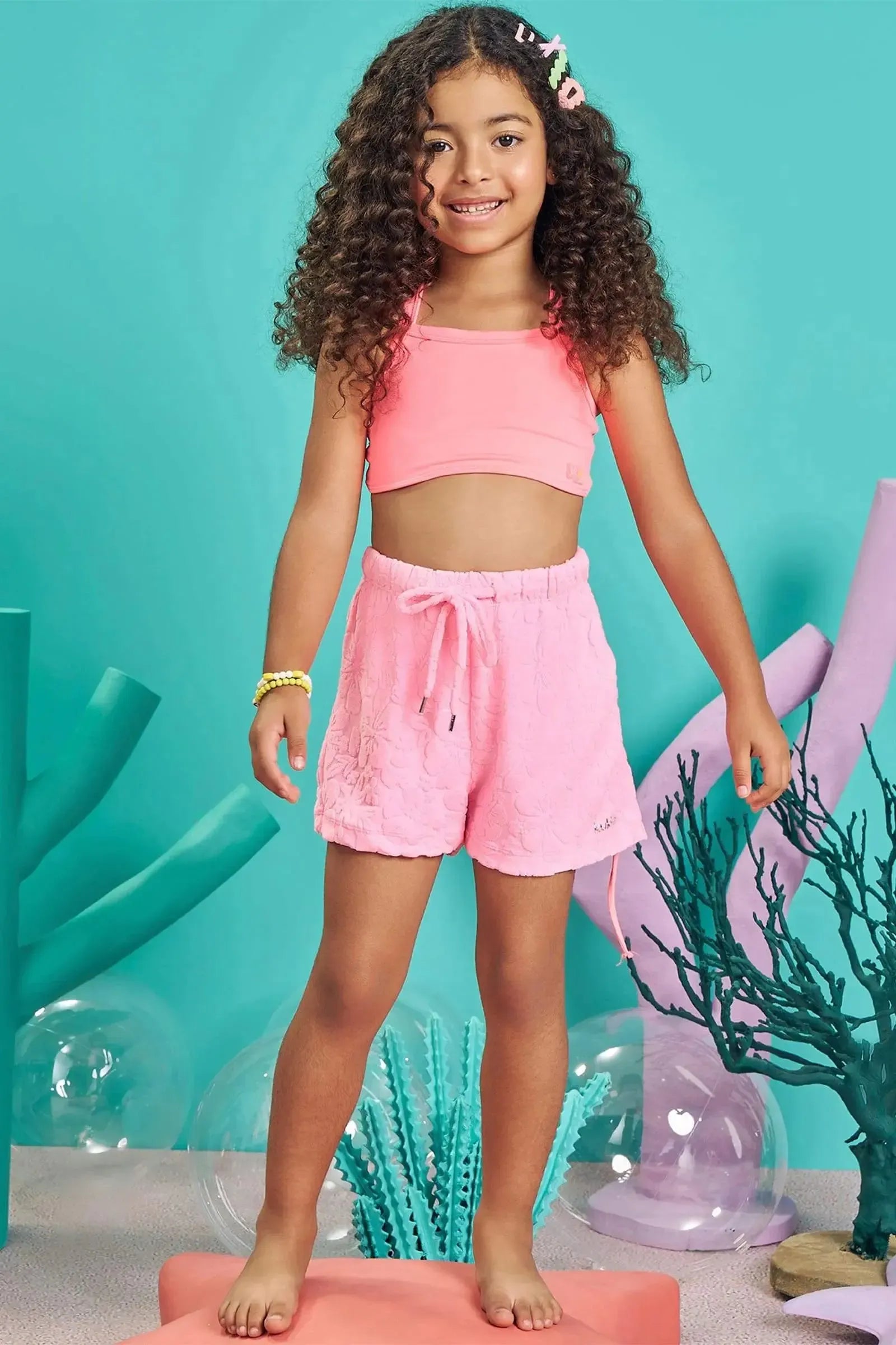 Shorts em Malha Atoalhada Hibisco 83308 Kukiê Infantil Menina