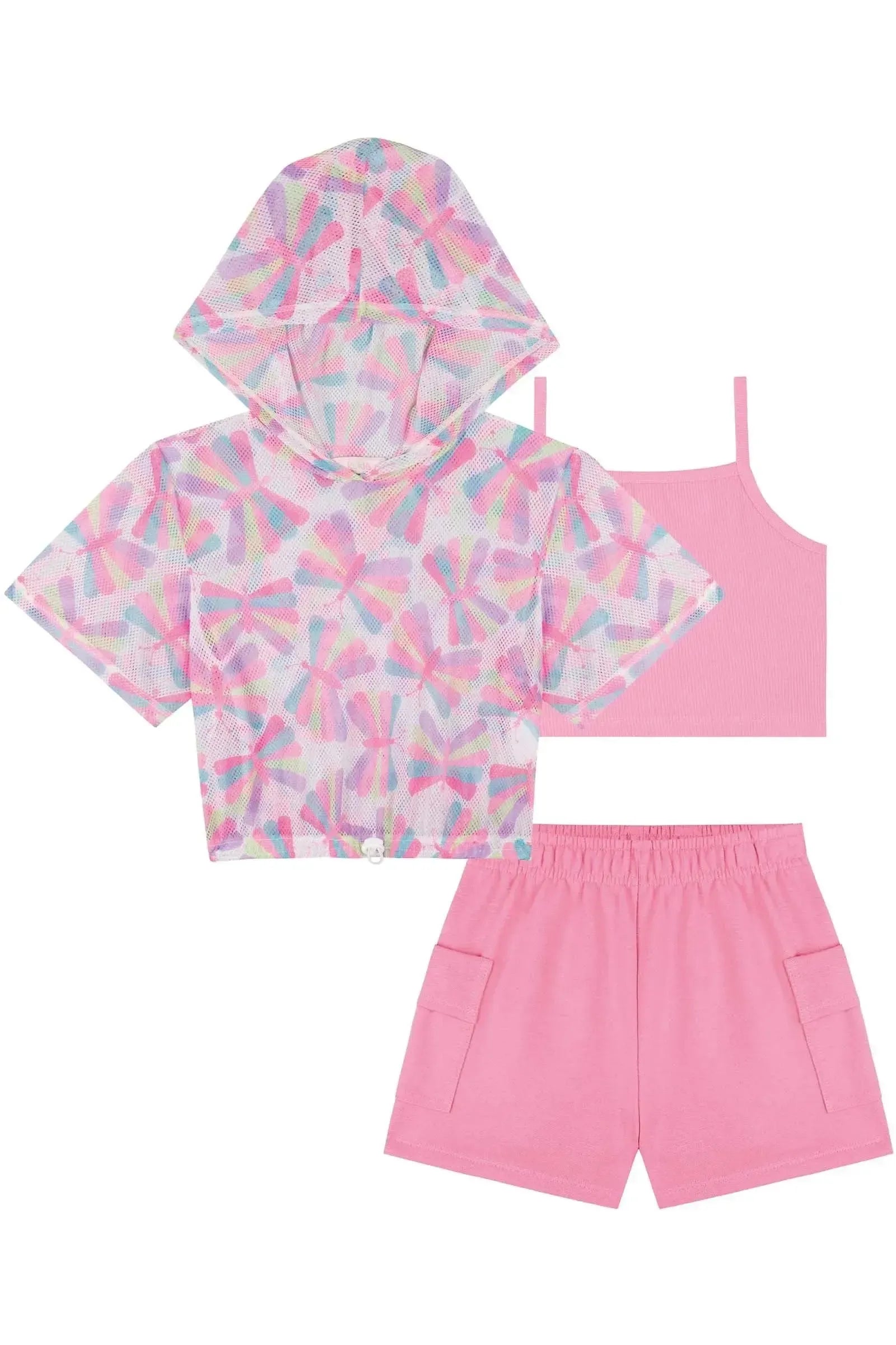 Trio com Top em Canelado Blusa Boxy em Tela e Shorts em Moletom sem Pelúcia 85224 Kukiê Infantil Menina