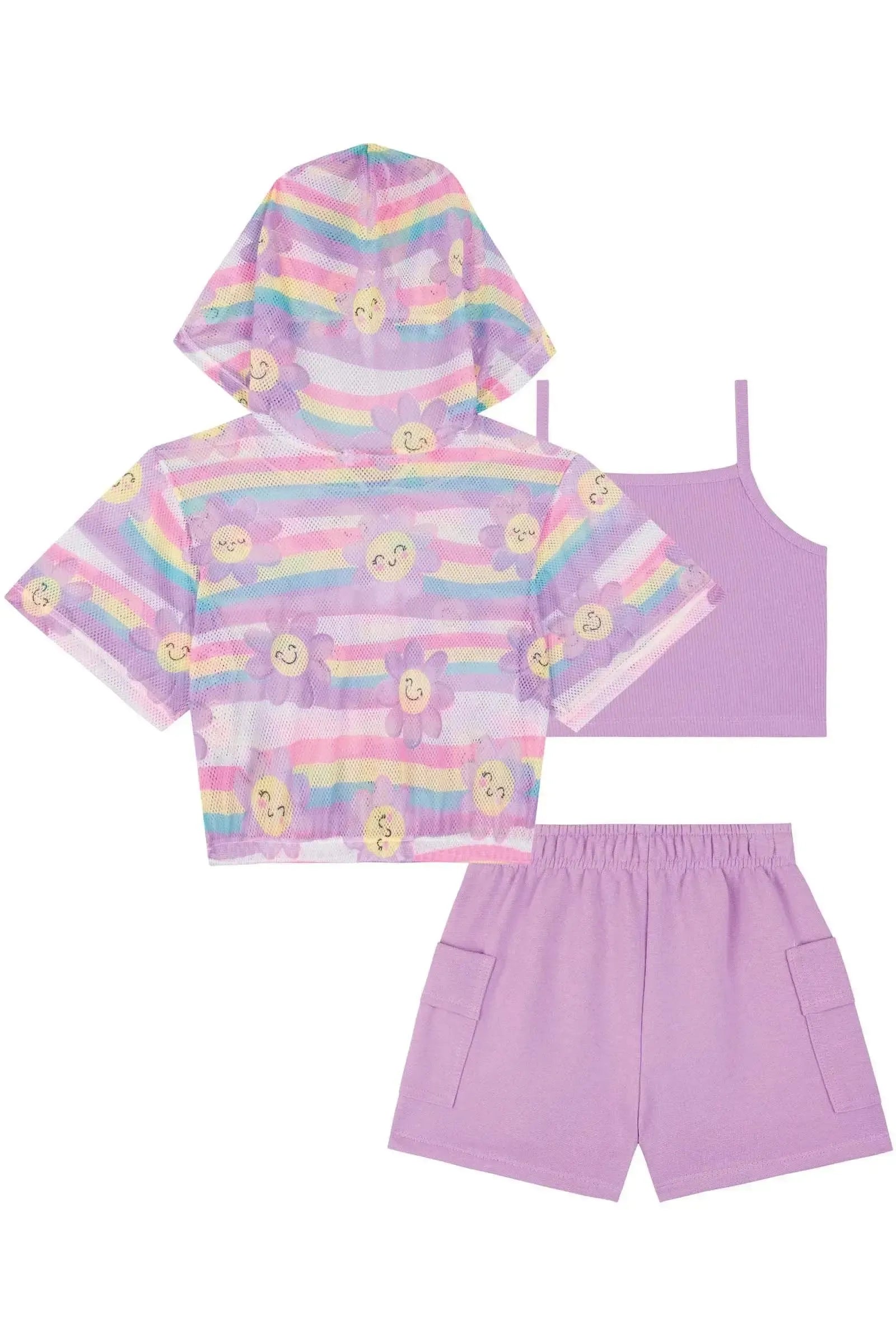 Trio com Top em Canelado Blusa Boxy em Tela e Shorts em Moletom sem Pelúcia 85224 Kukiê Infantil Menina
