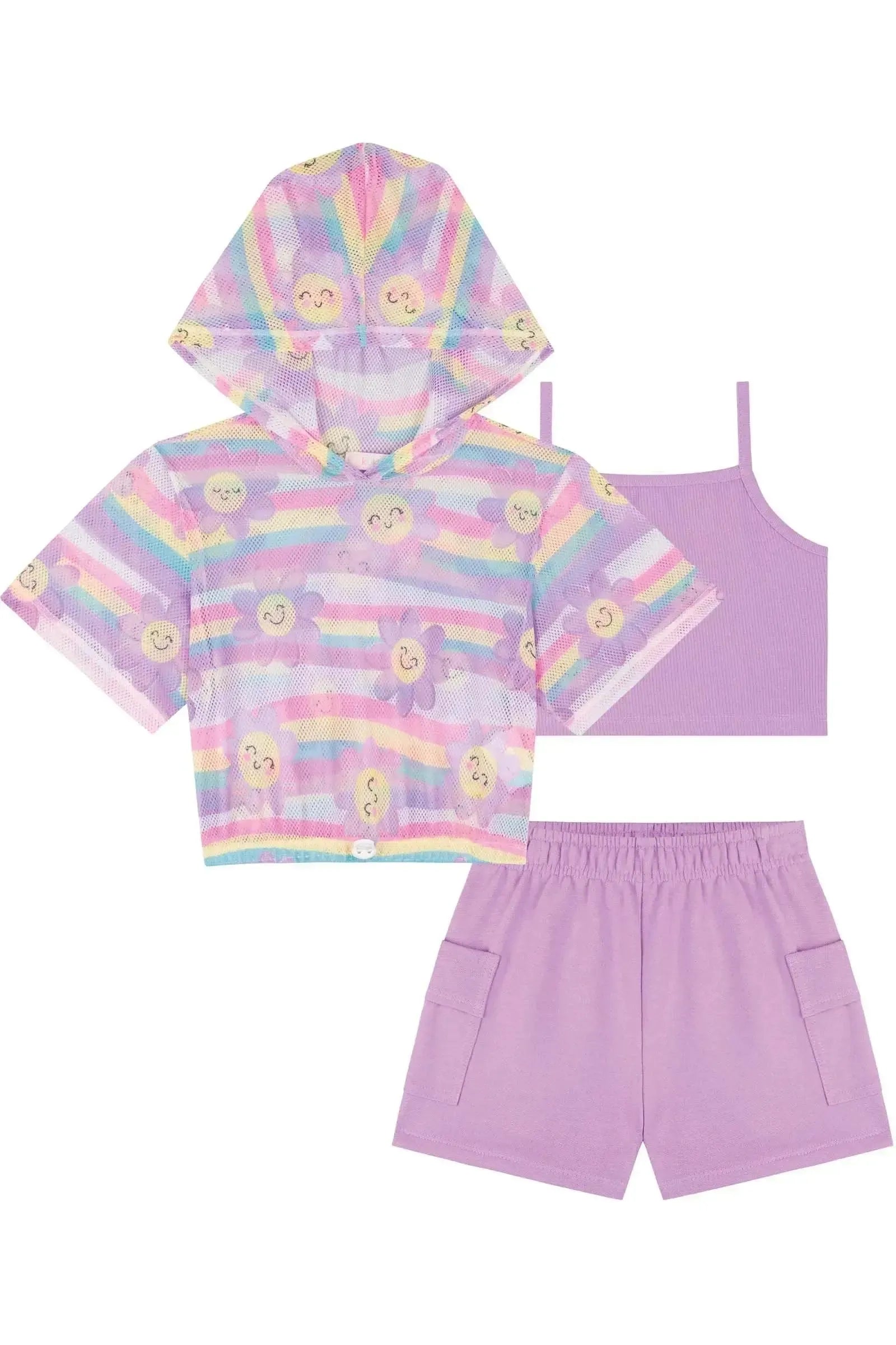 Trio com Top em Canelado Blusa Boxy em Tela e Shorts em Moletom sem Pelúcia 85224 Kukiê Infantil Menina
