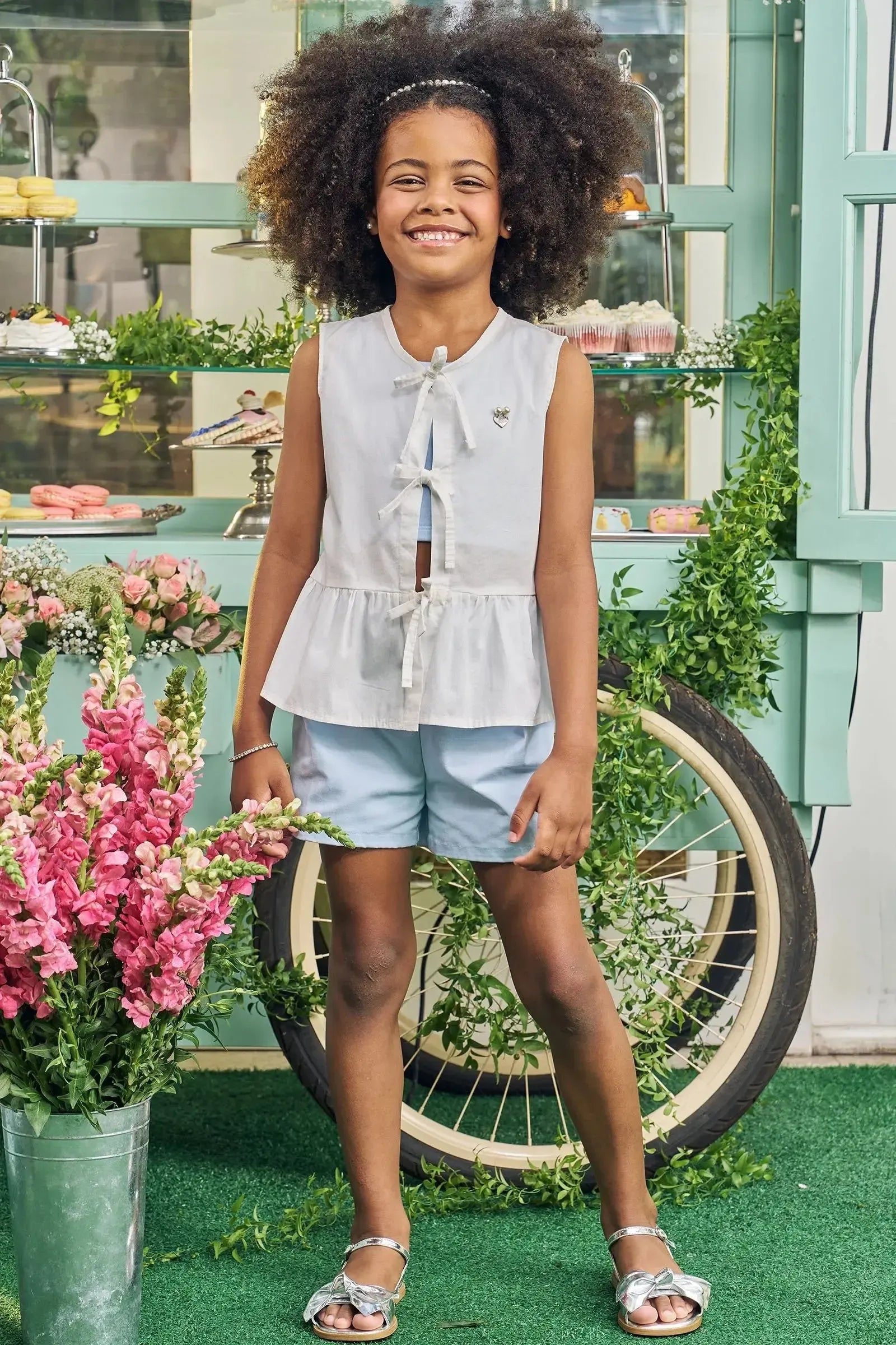 Trio de Bata em Tricoline 100% Algodão Top em Cotton e Shorts em Sarja com Elastano 83201 Kukiê Infantil Menina