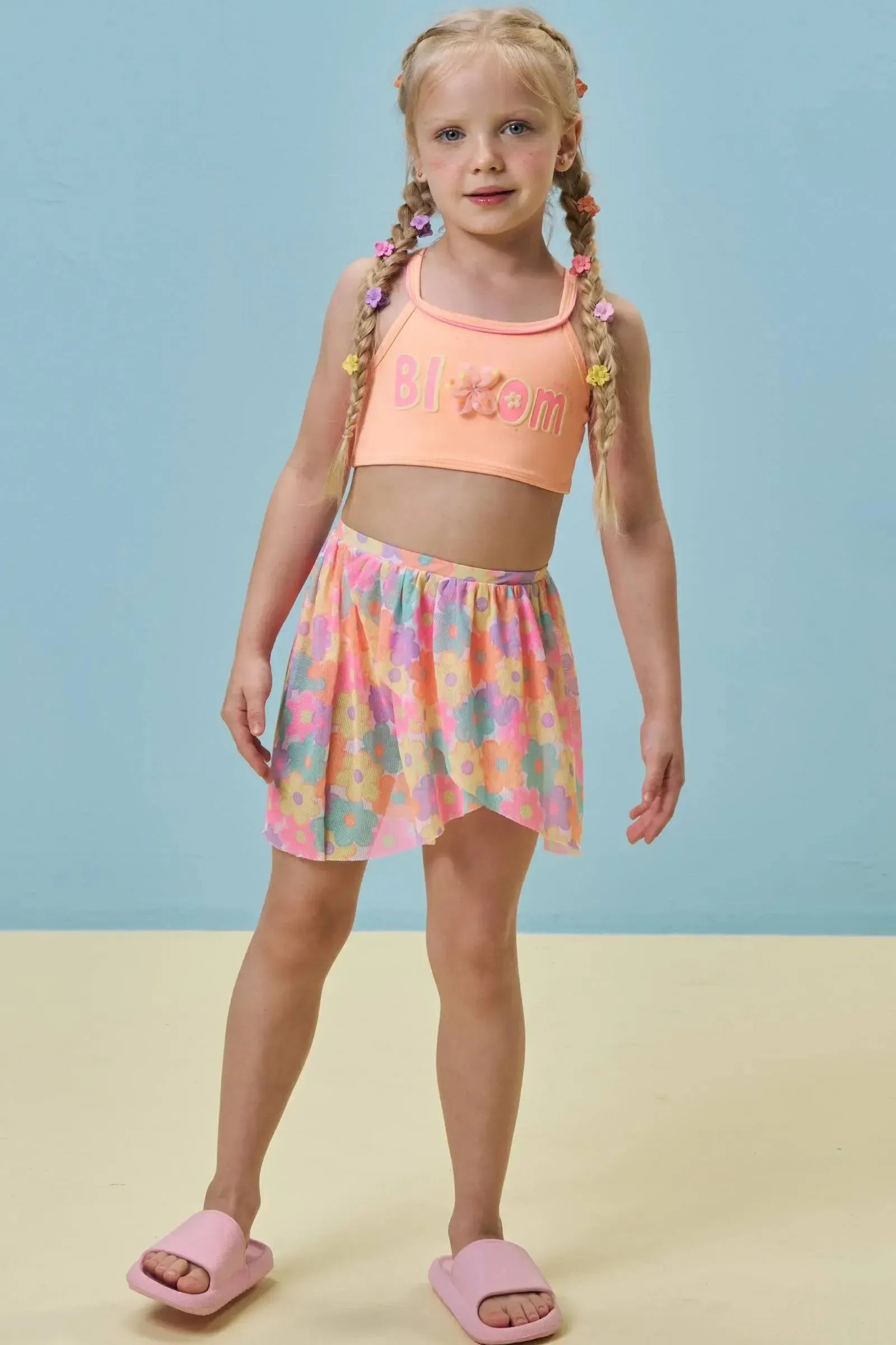 Trio de Biquíni em Malha com Proteção UV50+ e Saia em Tule com Elastano 96080 Kukiê Infantil Menina