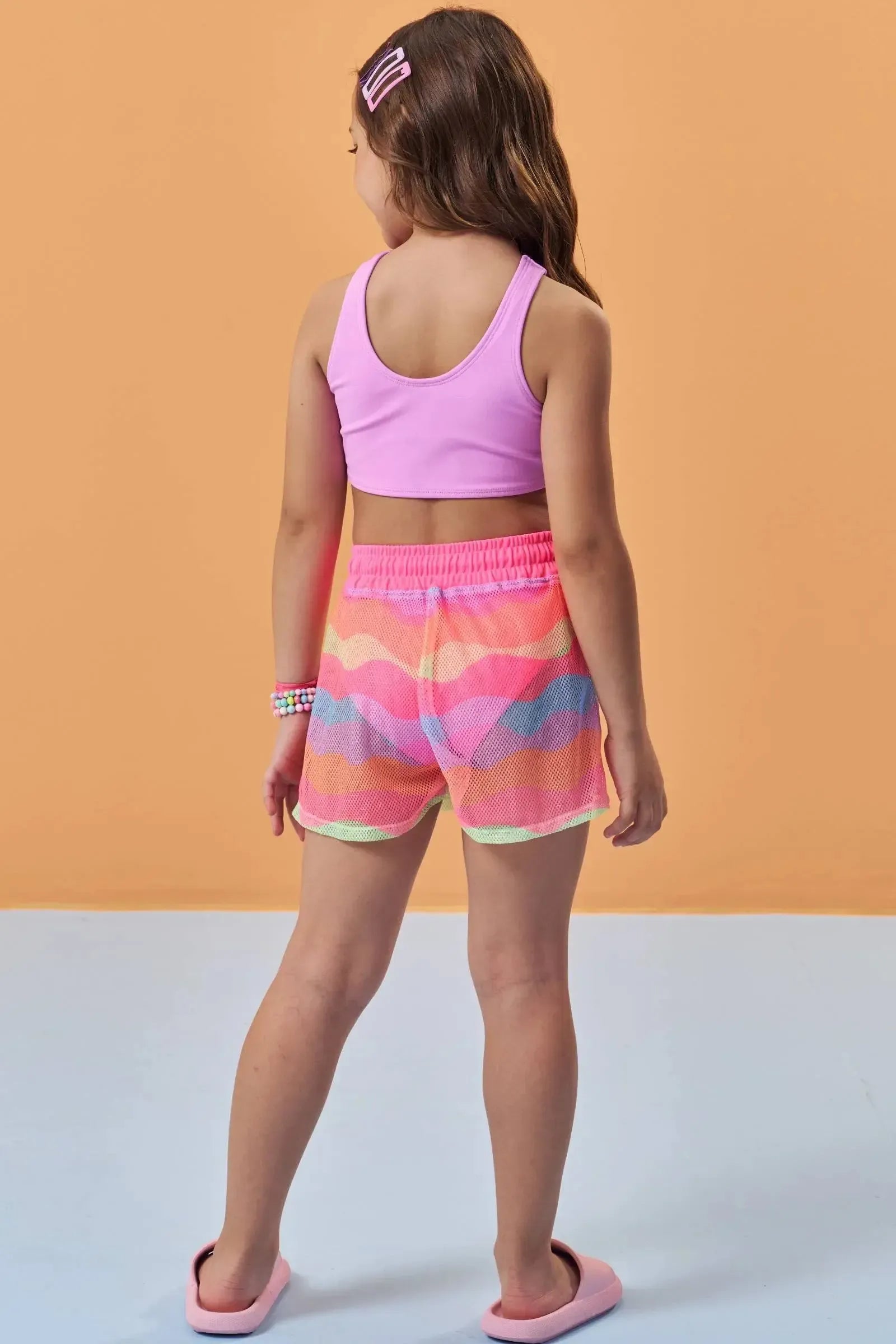 Trio de Biquíni em Malha Poliamida com Proteção UV50+ e Shorts em Tela Fashion 96224 Kukiê Infantil Menina