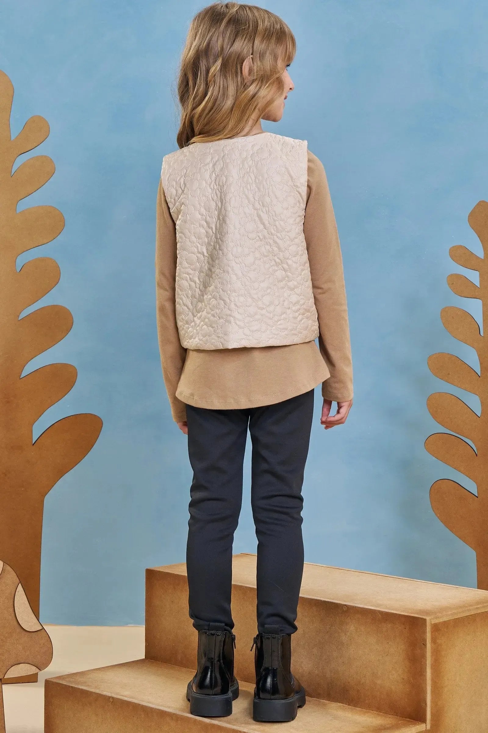 Trio de Blusa Alongada em Cotton Colete em Matelassê Flores e Calça Legging em Fly Tech 94209 Infanti Infantil Menina