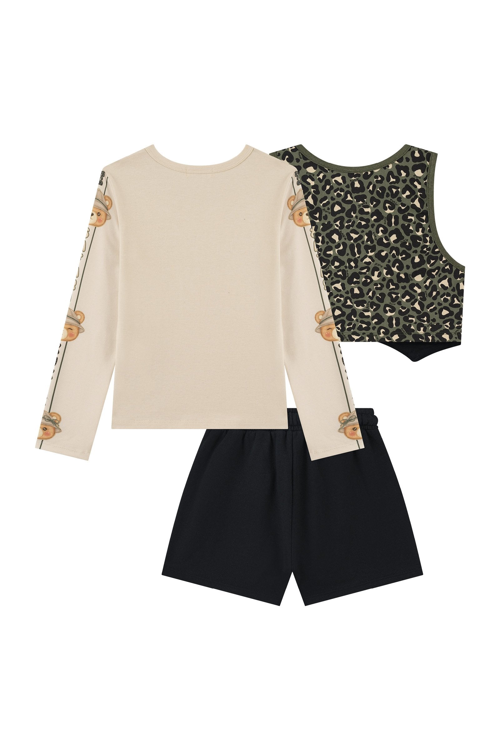 Trio de Blusa em Cotton Short em Moletom com Pelúcia e Colete em Sarja com Elastano 90671 Kukiê Infantil Menina