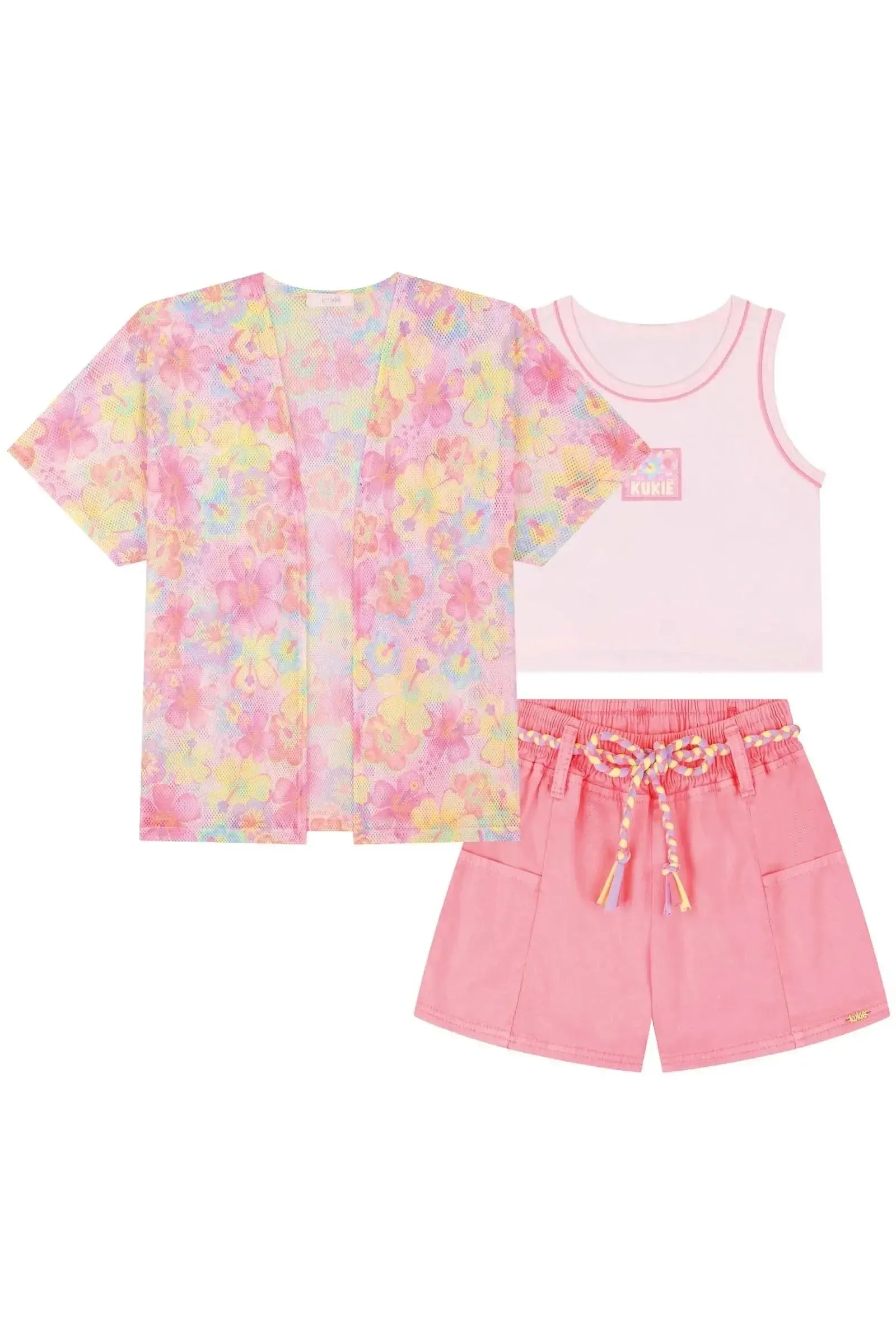 Trio de Blusa em Cotton Shorts em Sarja com Elastano e Kimono em Tela Fashion 84190 Kukiê Infantil Menina