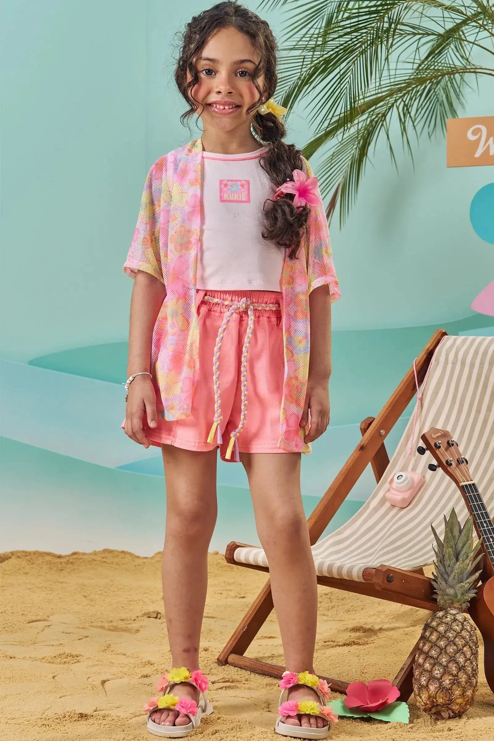 Trio de Blusa em Cotton Shorts em Sarja com Elastano e Kimono em Tela Fashion 84190 Kukiê Infantil Menina