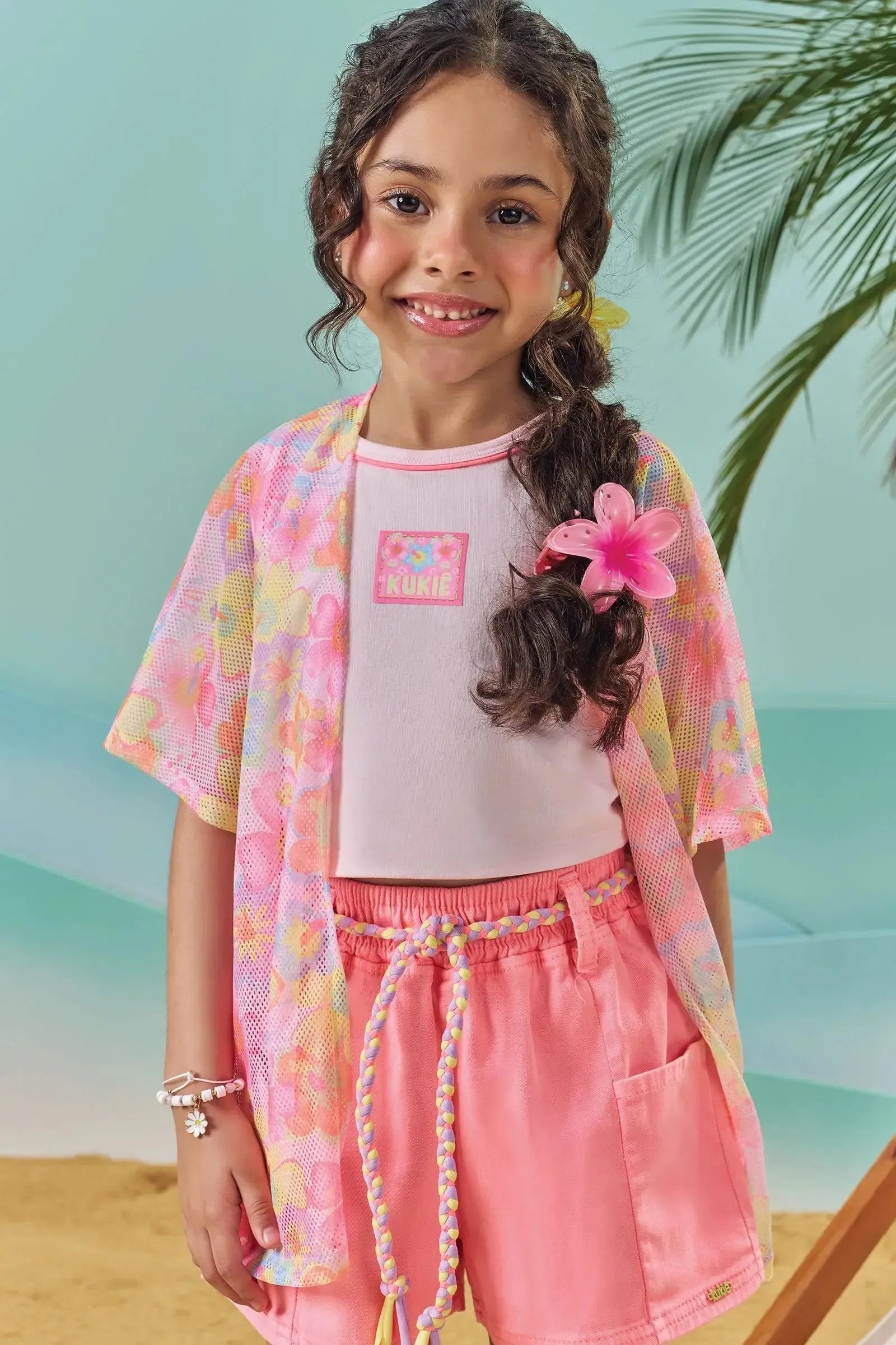 Trio de Blusa em Cotton Shorts em Sarja com Elastano e Kimono em Tela Fashion 84190 Kukiê Infantil Menina