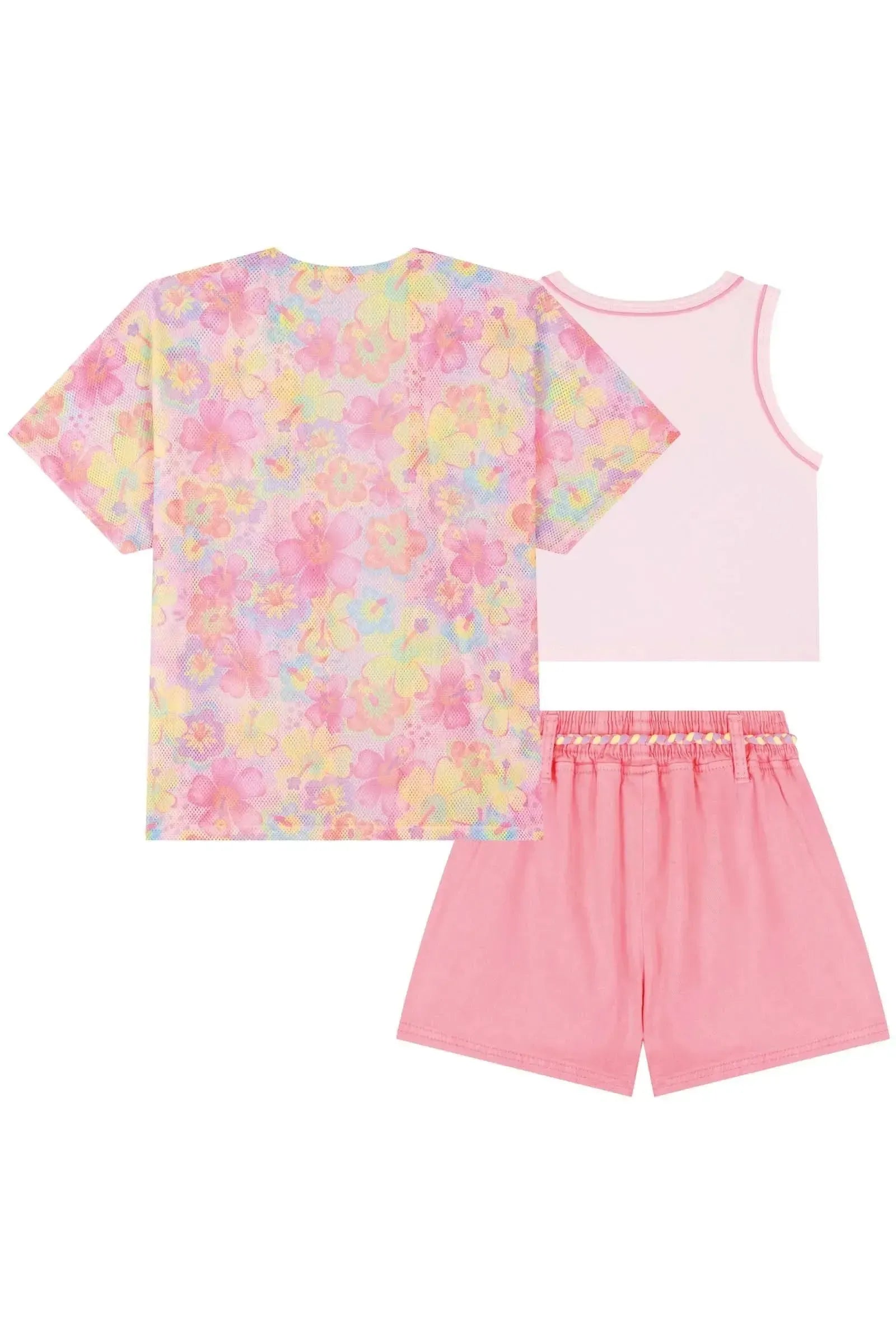 Trio de Blusa em Cotton Shorts em Sarja com Elastano e Kimono em Tela Fashion 84190 Kukiê Infantil Menina