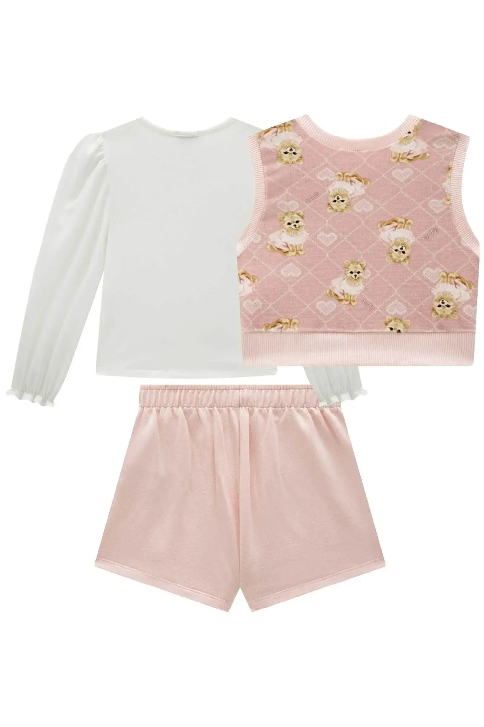 Trio de Blusa em Malha Comfy Colete em Fleece Luxo e Short Saia em Moletom sem Pelúcia 92556 Infanti Infantil Menina