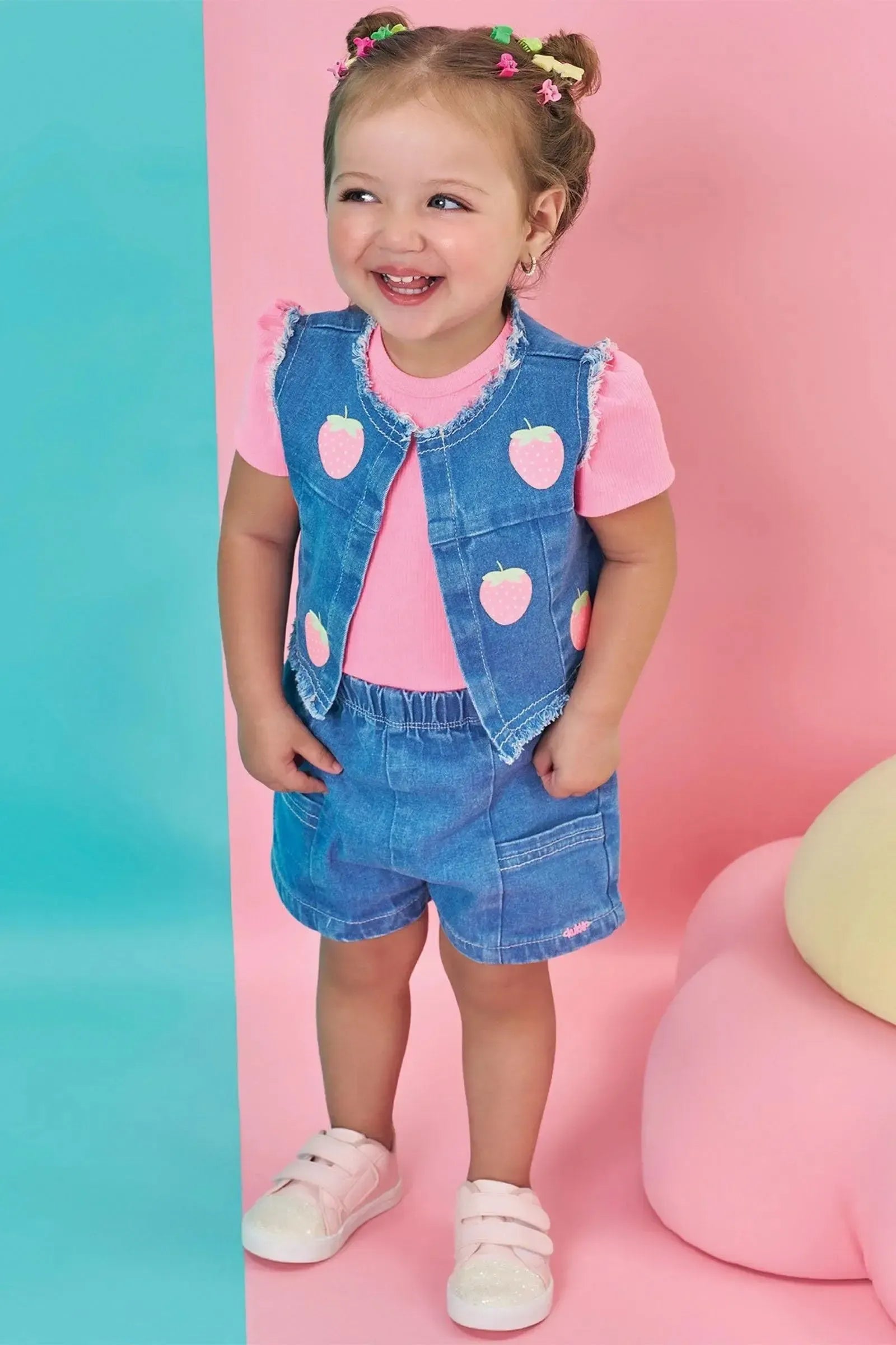 Trio de Body em Canelado e Shorts e Colete em Jeans com Elastano 85738 Kukiê Bebê Menina