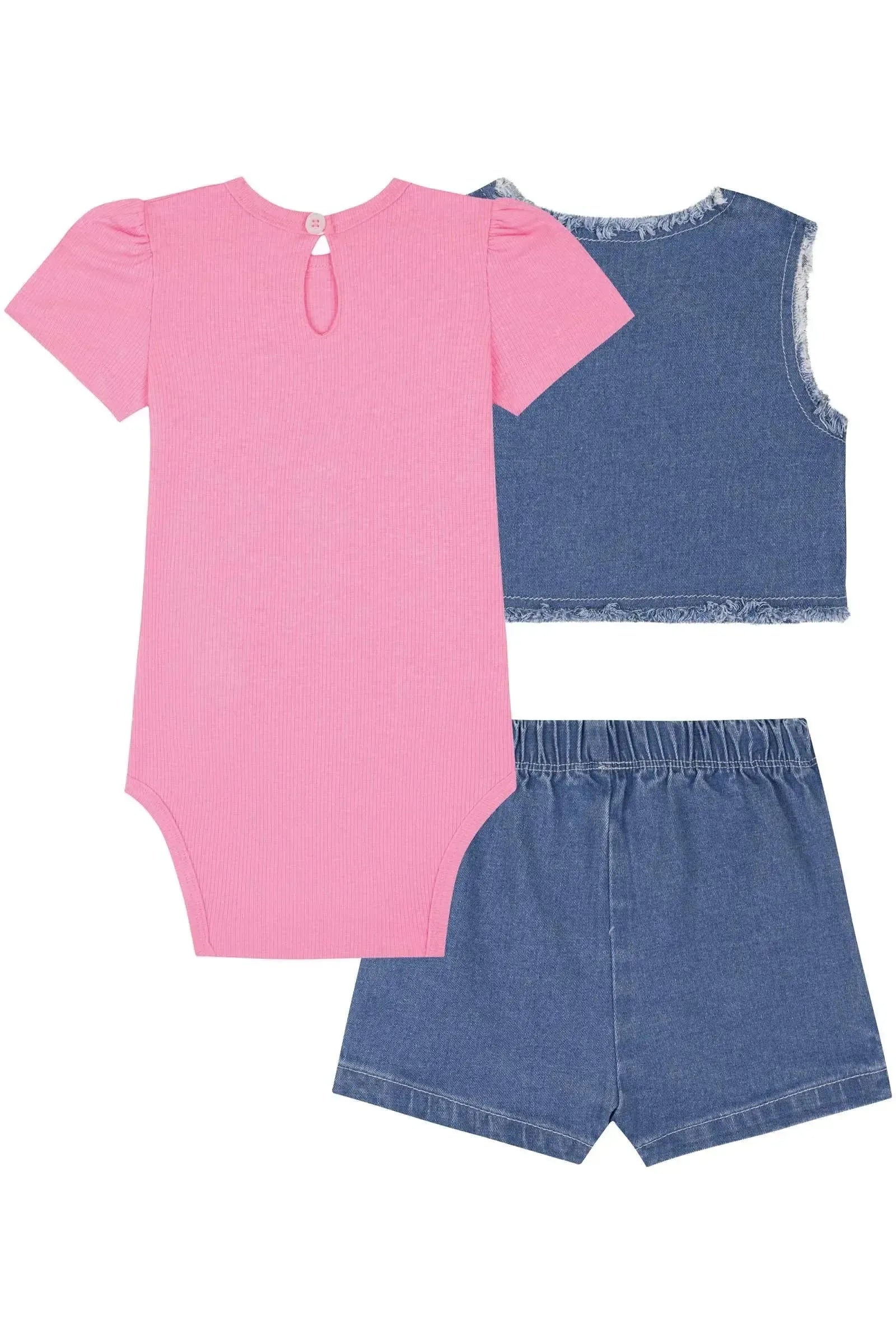Trio de Body em Canelado e Shorts e Colete em Jeans com Elastano 85738 Kukiê Bebê Menina