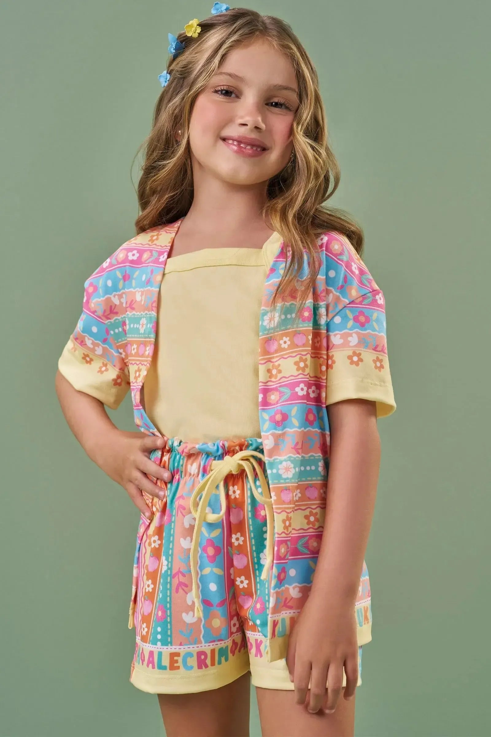 Trio de Regata em Cotton e Shorts e Kimono em Malha Fresh 86504 Kukiê Infantil Menina