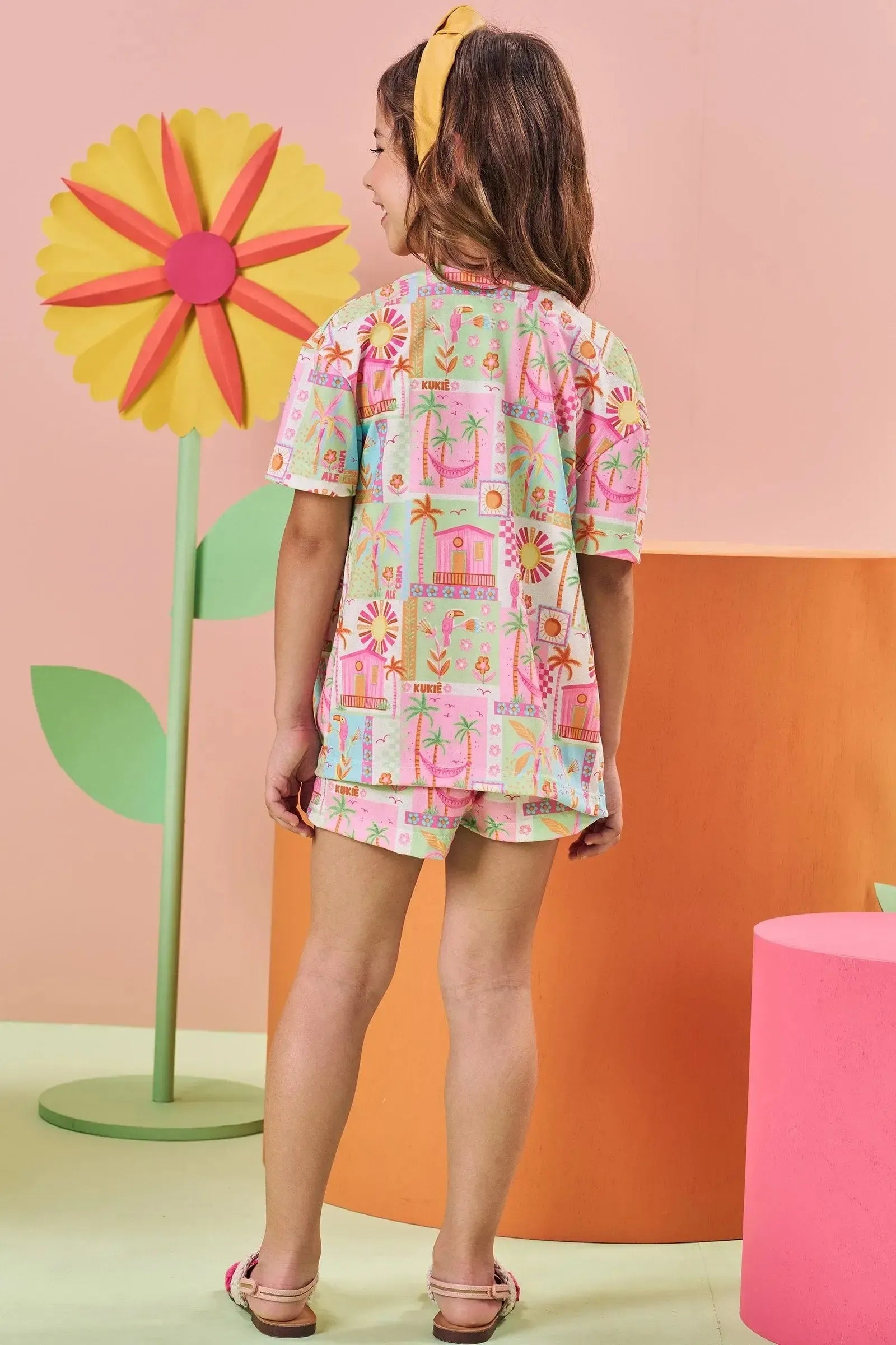 Trio de Regata em Malha Little Waffle e Shorts e Kimono em Malha Fresh 84493 Kukiê Infantil Menina