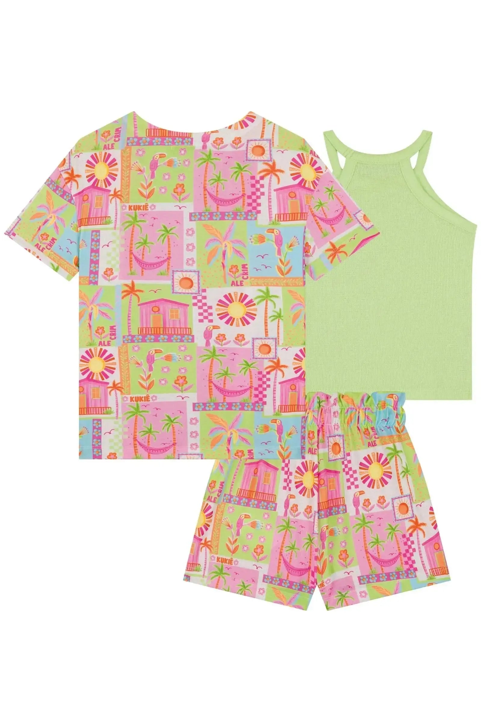 Trio de Regata em Malha Little Waffle e Shorts e Kimono em Malha Fresh 84493 Kukiê Infantil Menina