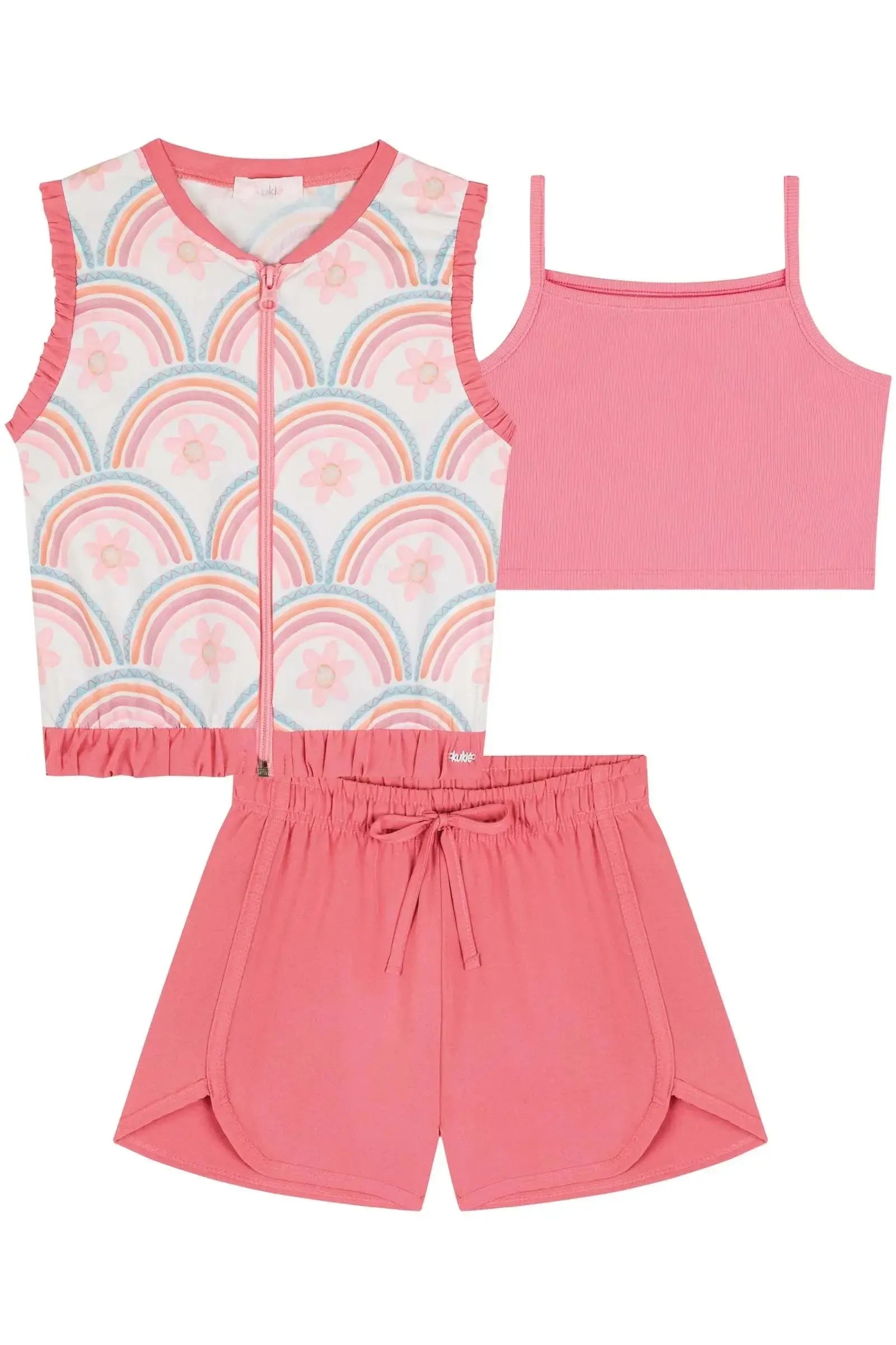 Trio de Top Cropped em Canelado Fancy Colete e Shorts em Nylon 85994 Kukiê Infantil Menina