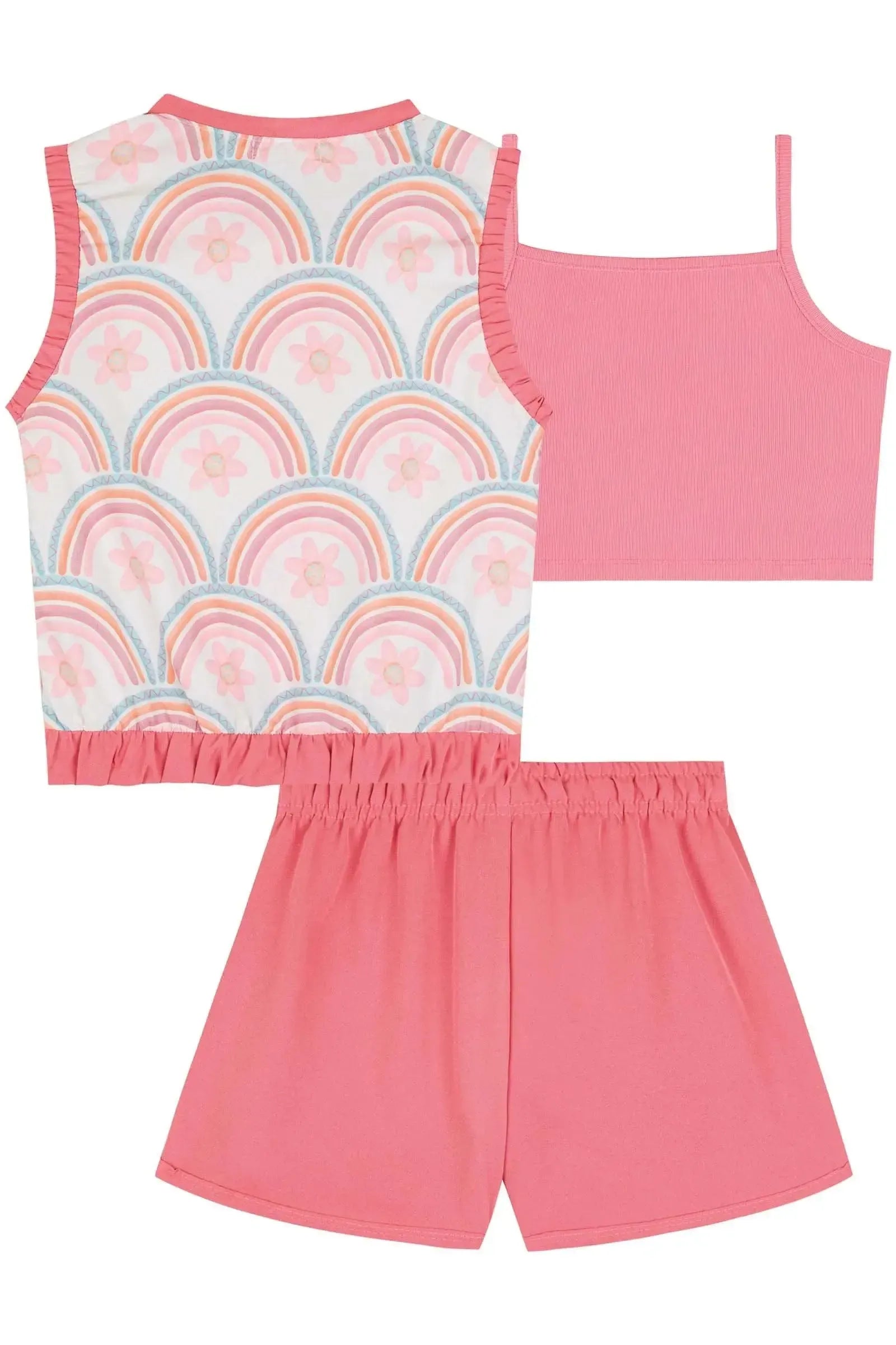 Trio de Top Cropped em Canelado Fancy Colete e Shorts em Nylon 85994 Kukiê Infantil Menina