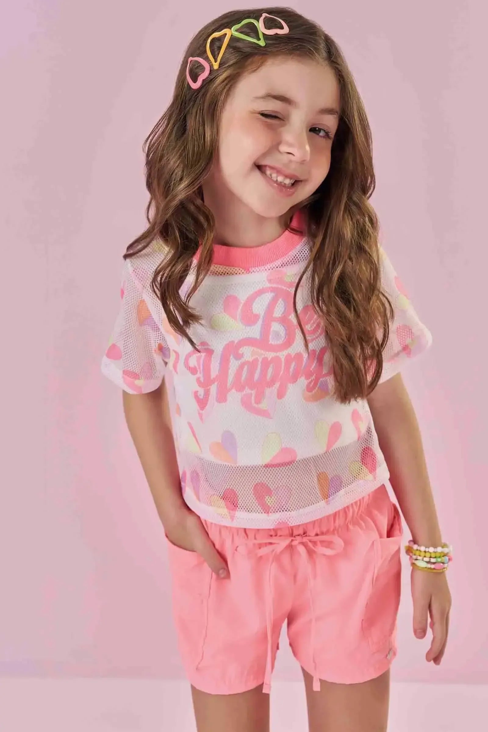 Trio de Top em Canelado Blusa Boxy em Tela Fashion e Shorts em Cupro 88067 Kukiê Infantil Menina