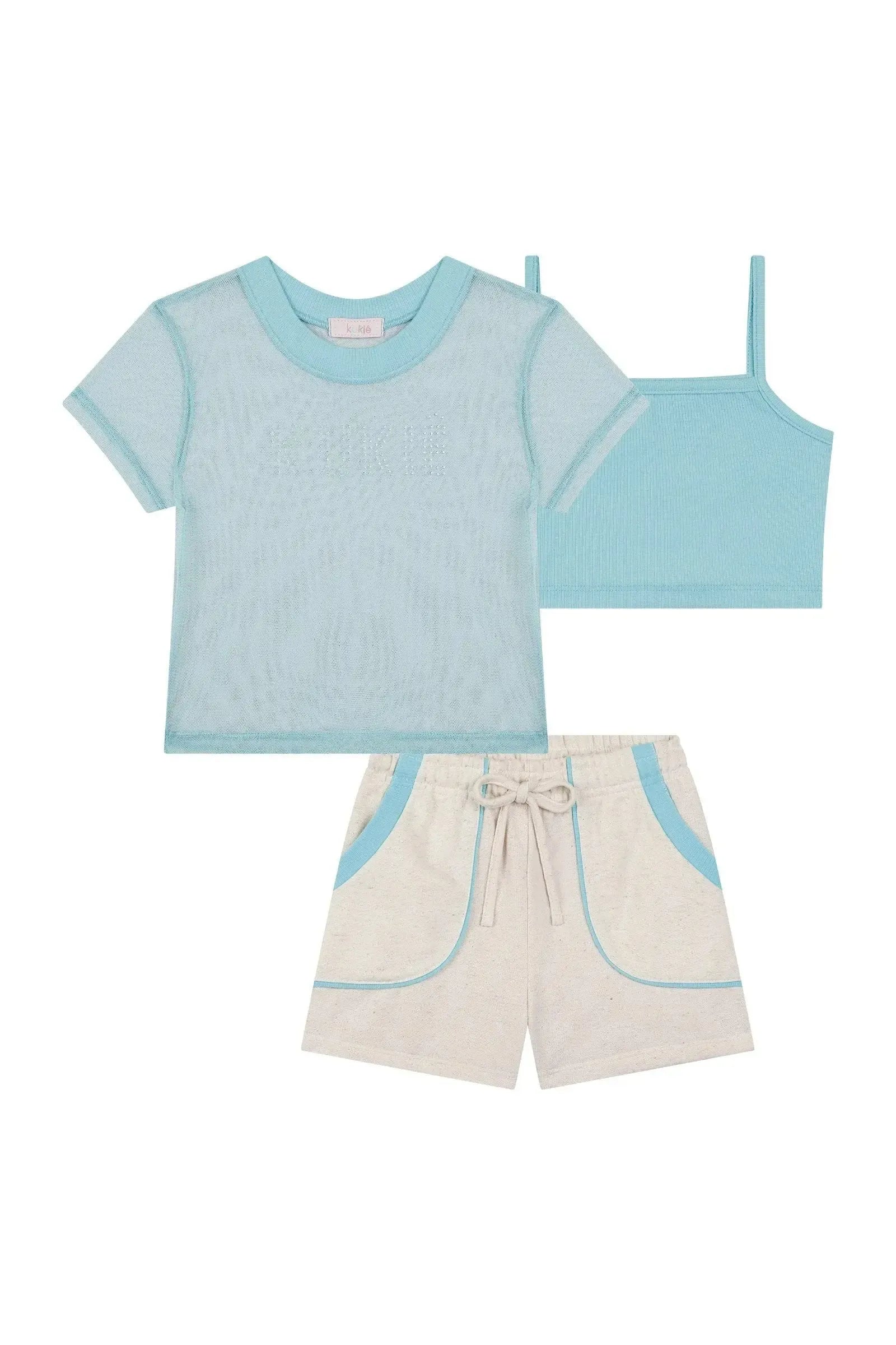 Trio de Top em Canelado Blusa Boxy em Tule com Elastano e Shorts em Linho Delux 89022 Kukiê Infantil Menina