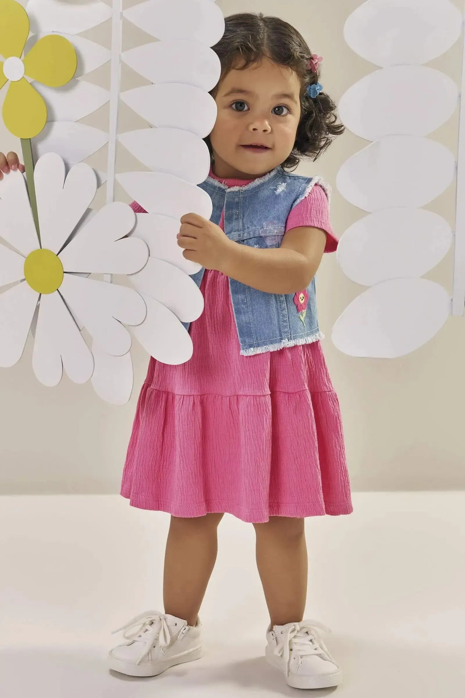 Vestido em Malha Wave e Colete em Jeans Arkansas 86693 Kukiê Bebê Menina