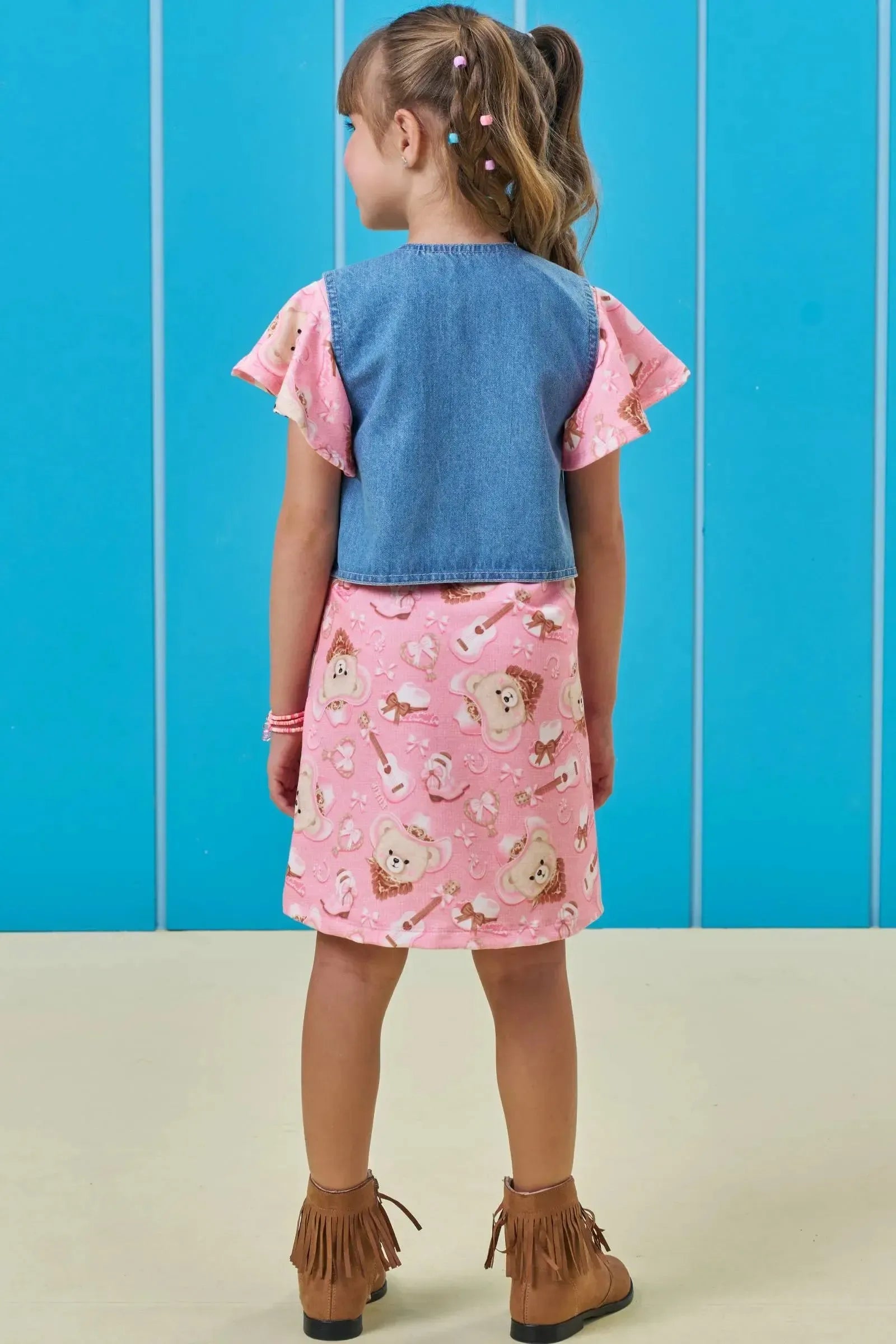 Vestido em Molecotton e Colete em Jeans 95942 Kukiê Infantil Menina
