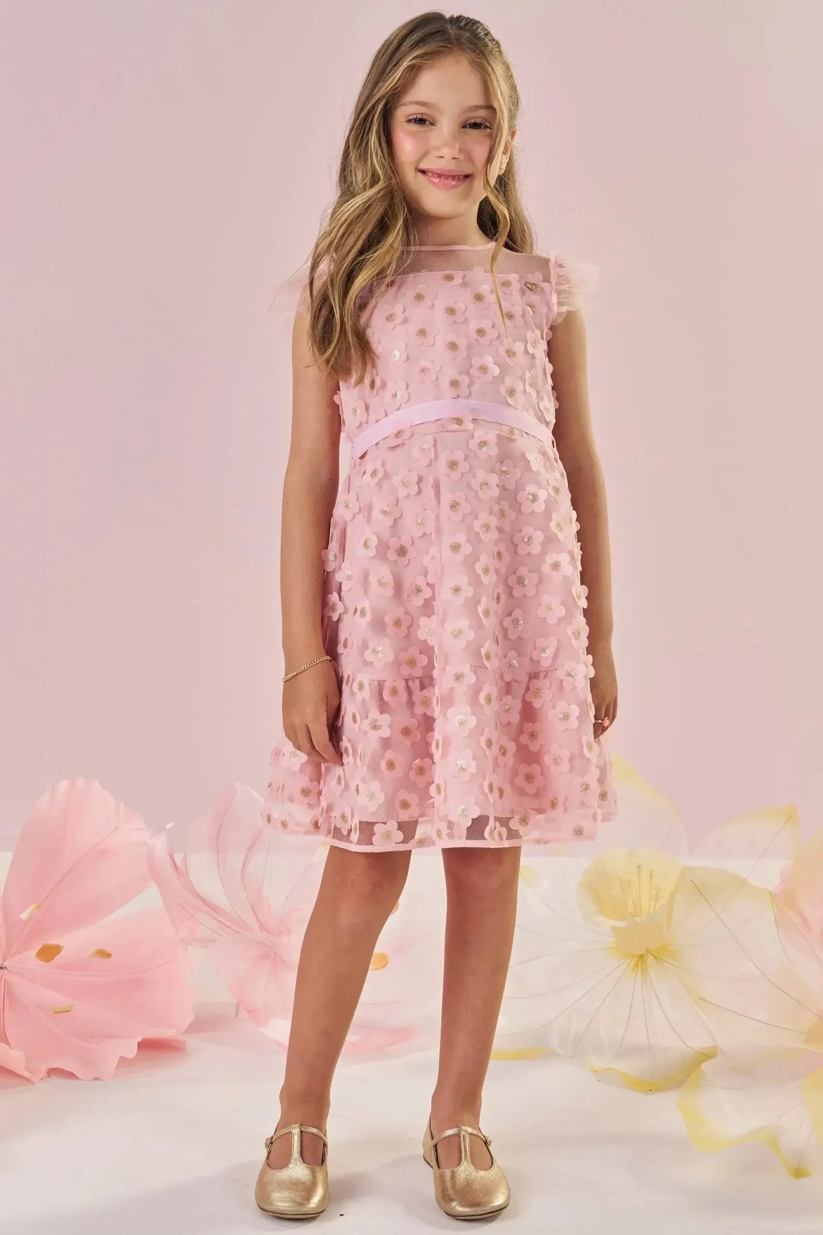 Vestido em Tule Bordado Flores 86985 Kukiê Infantil Menina