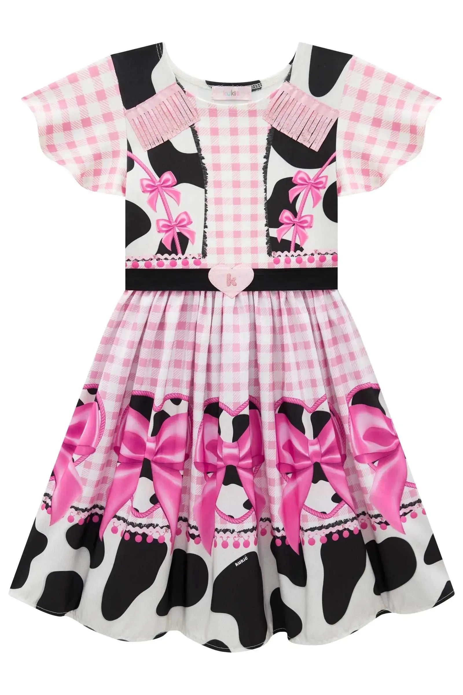 Vestido Junino Boiadeira em Fly Tech e Nylon Estampa de Vaquinha e Franjas com Strass 97819 Kukiê Infantil Menina
