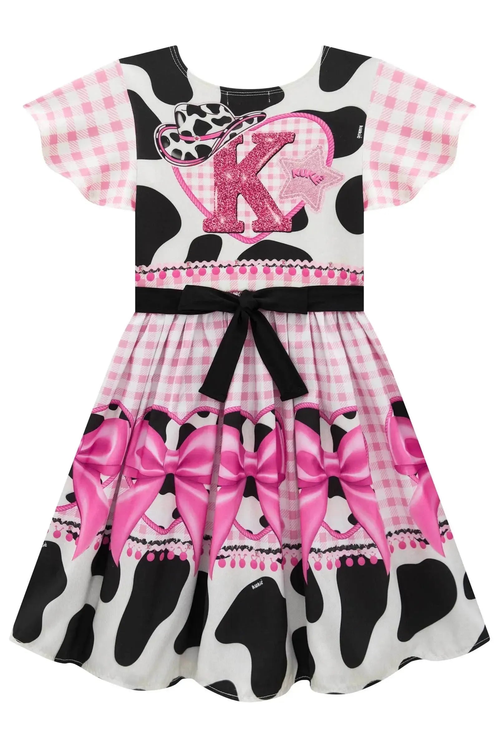 Vestido Junino Boiadeira em Fly Tech e Nylon Estampa de Vaquinha e Franjas com Strass 97819 Kukiê Infantil Menina